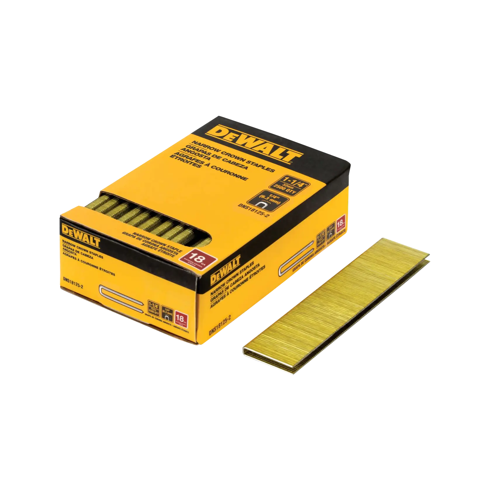A yellow and black box of DEWALT narrow crown staples, SKU DNS18125-2, with some metal staples partially out of the box and an additional stack of staples placed next to it on a white background.