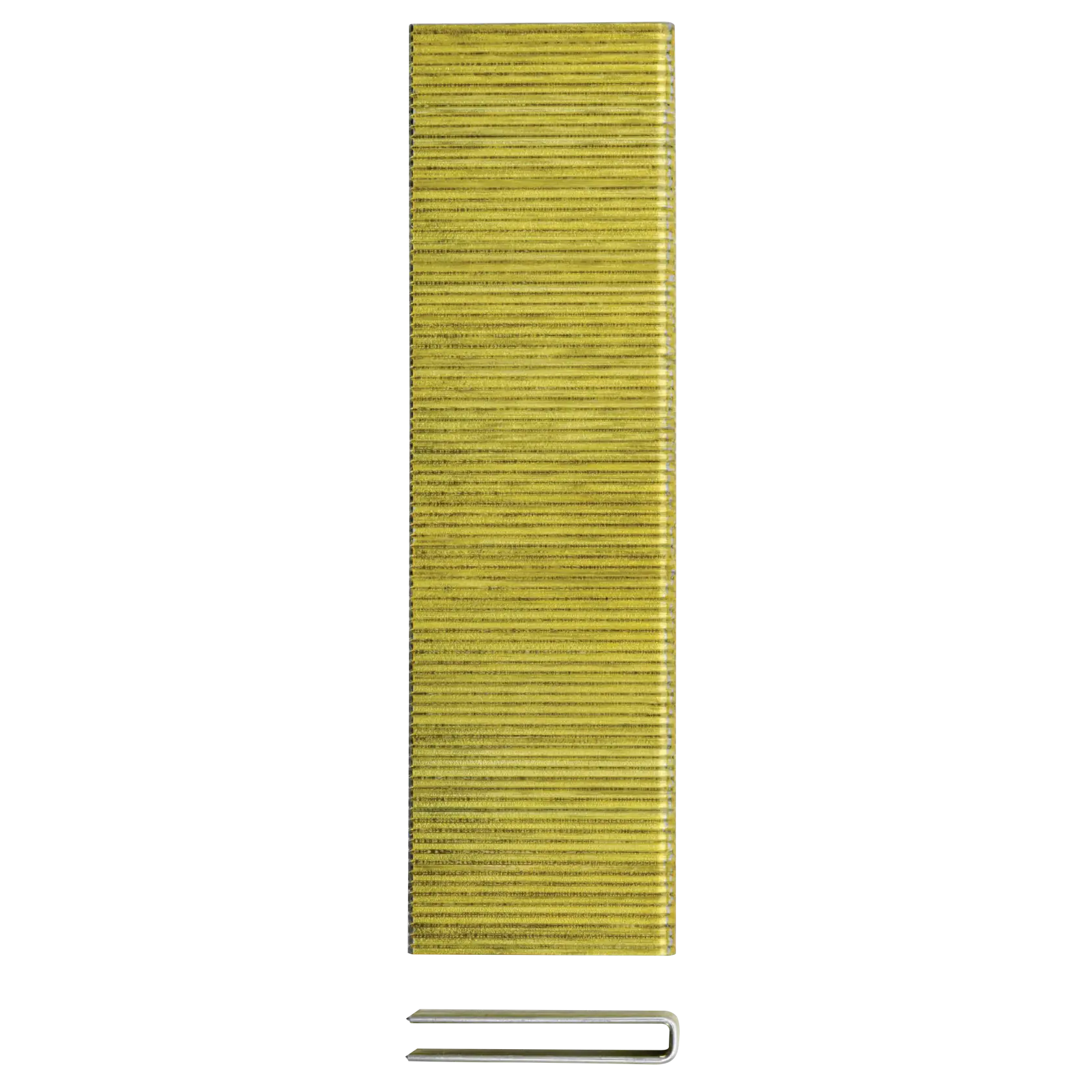 A close-up image of a strip of yellow metal staples for a staple gun, with a single staple shown below the strip to display its shape.