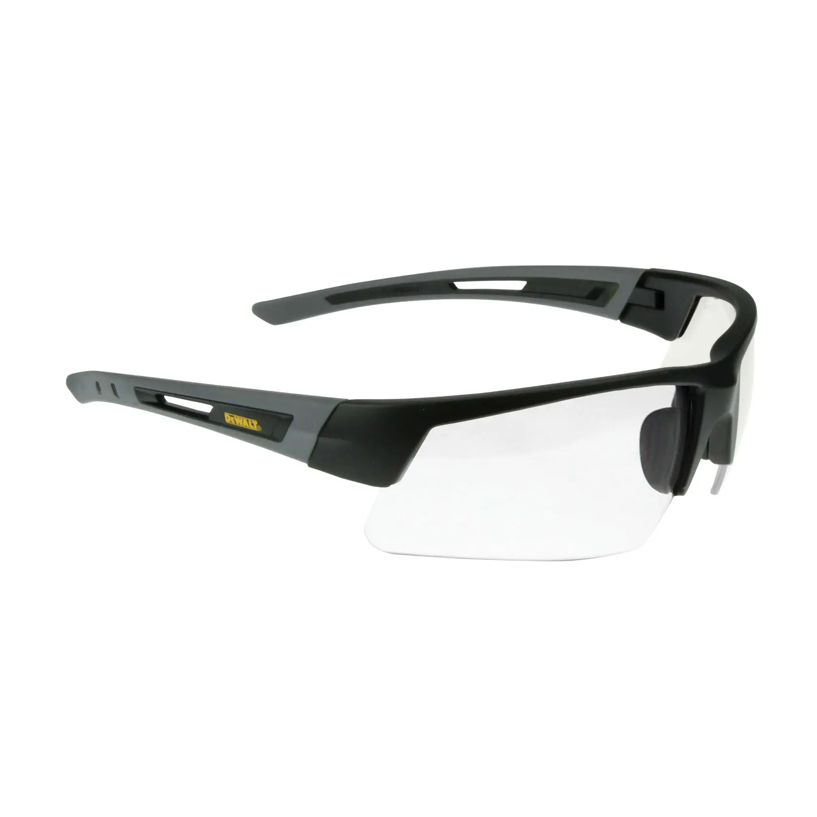 A pair of DEWALT DPG100 safety glasses with a black frame and clear lenses, designed for protective use in various environments.