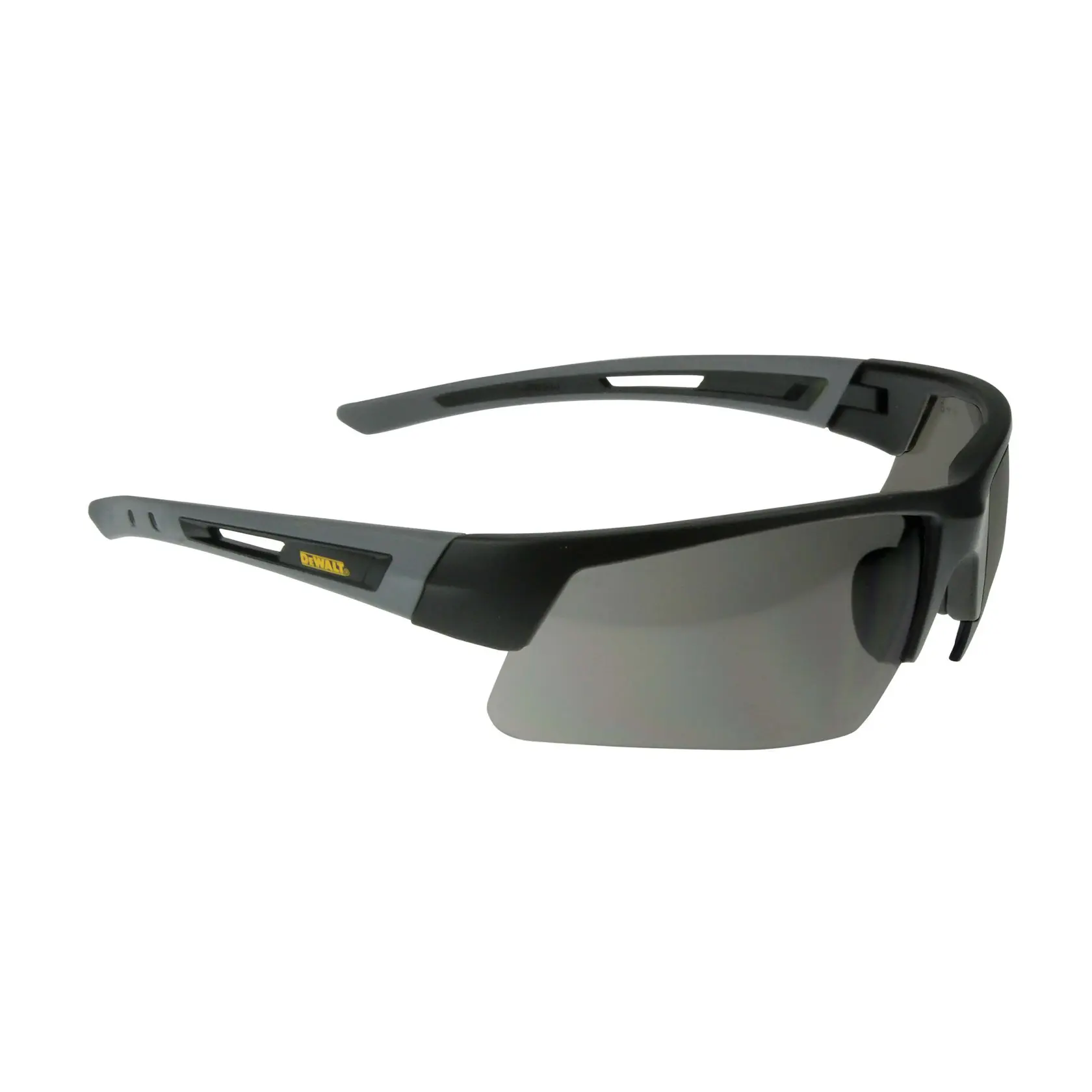 A pair of DEWALT DPG100 safety glasses with a black frame and smoke-tinted lenses, designed for eye protection during photography or industrial work.