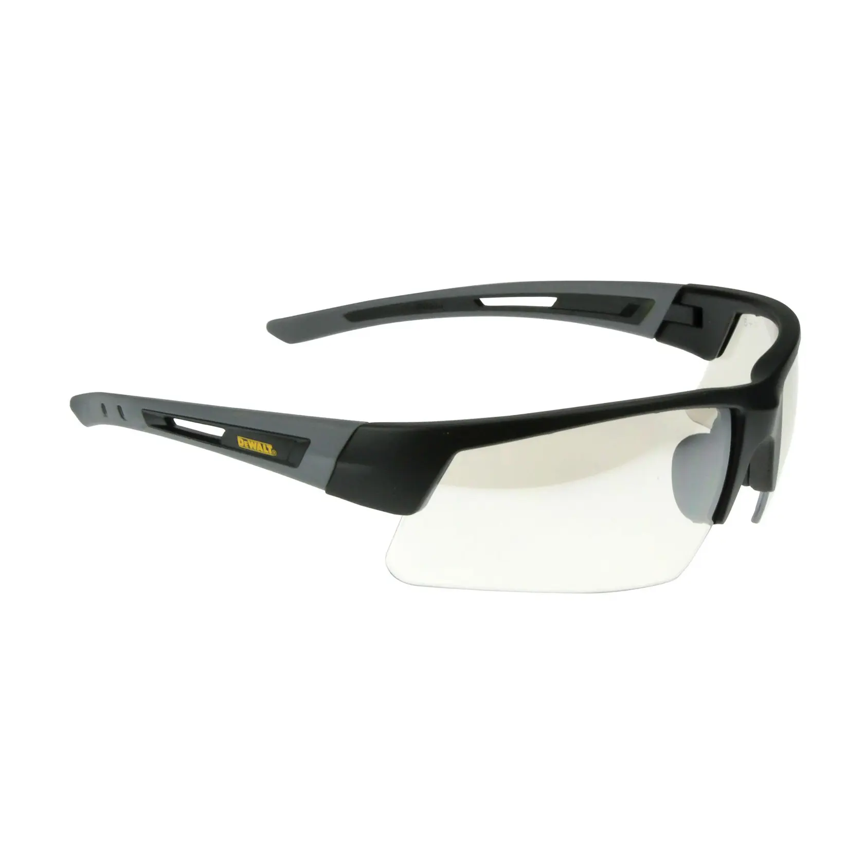 A pair of DEWALT DPG100 safety glasses with clear lenses and black frame, shown on a white background.