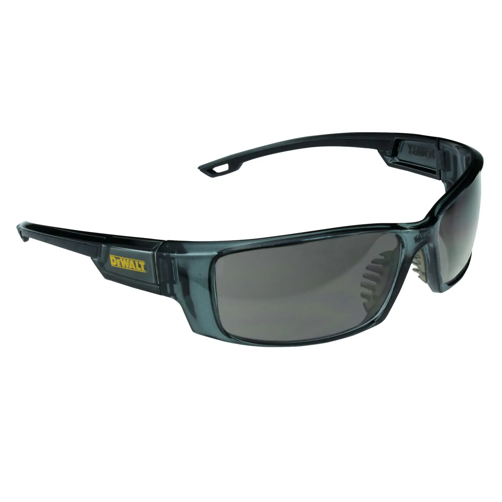 A pair of DEWALT branded safety glasses with dark tinted lenses and a durable, wrap-around frame design.