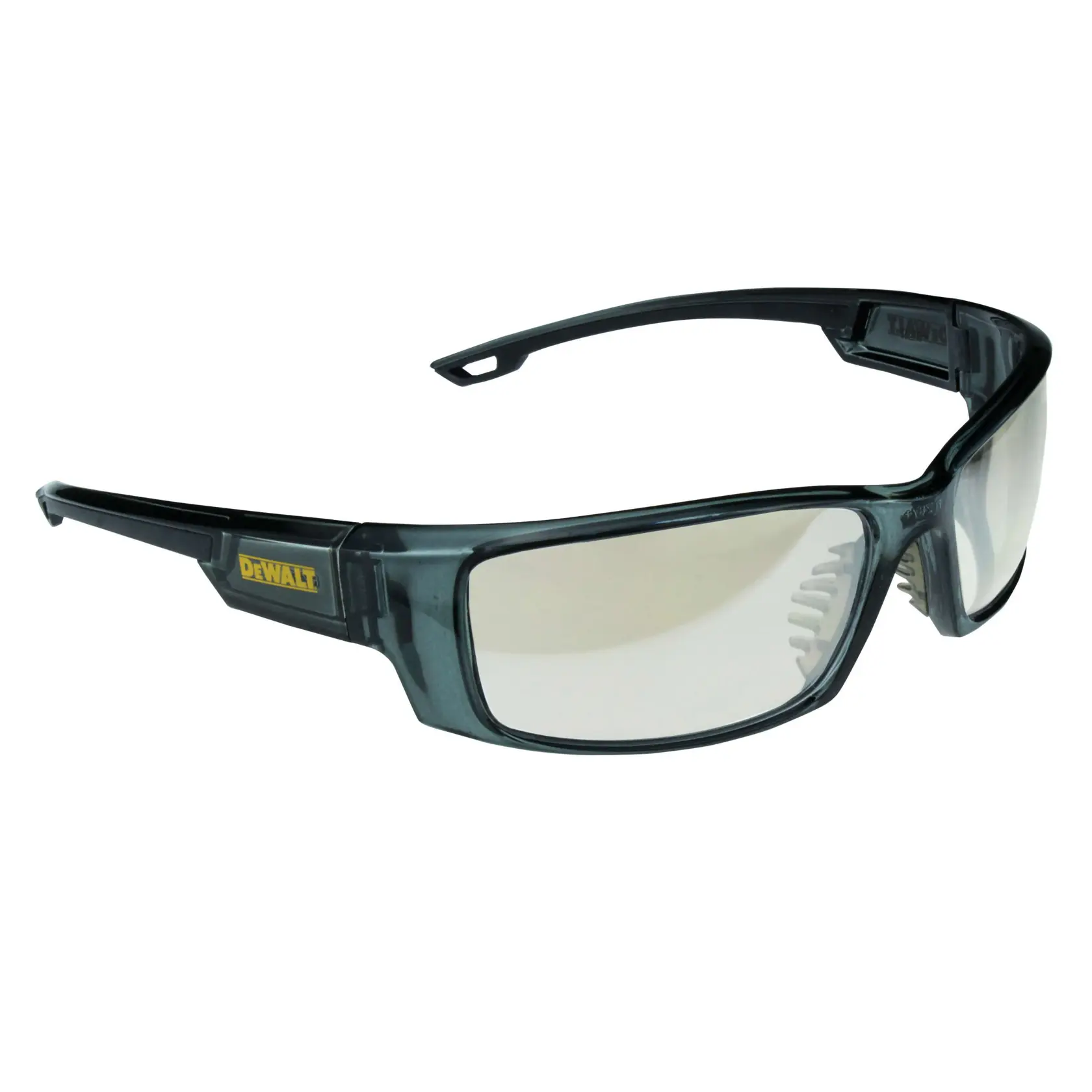 A pair of DEWALT safety glasses with clear lenses and a dark, durable frame designed for eye protection.