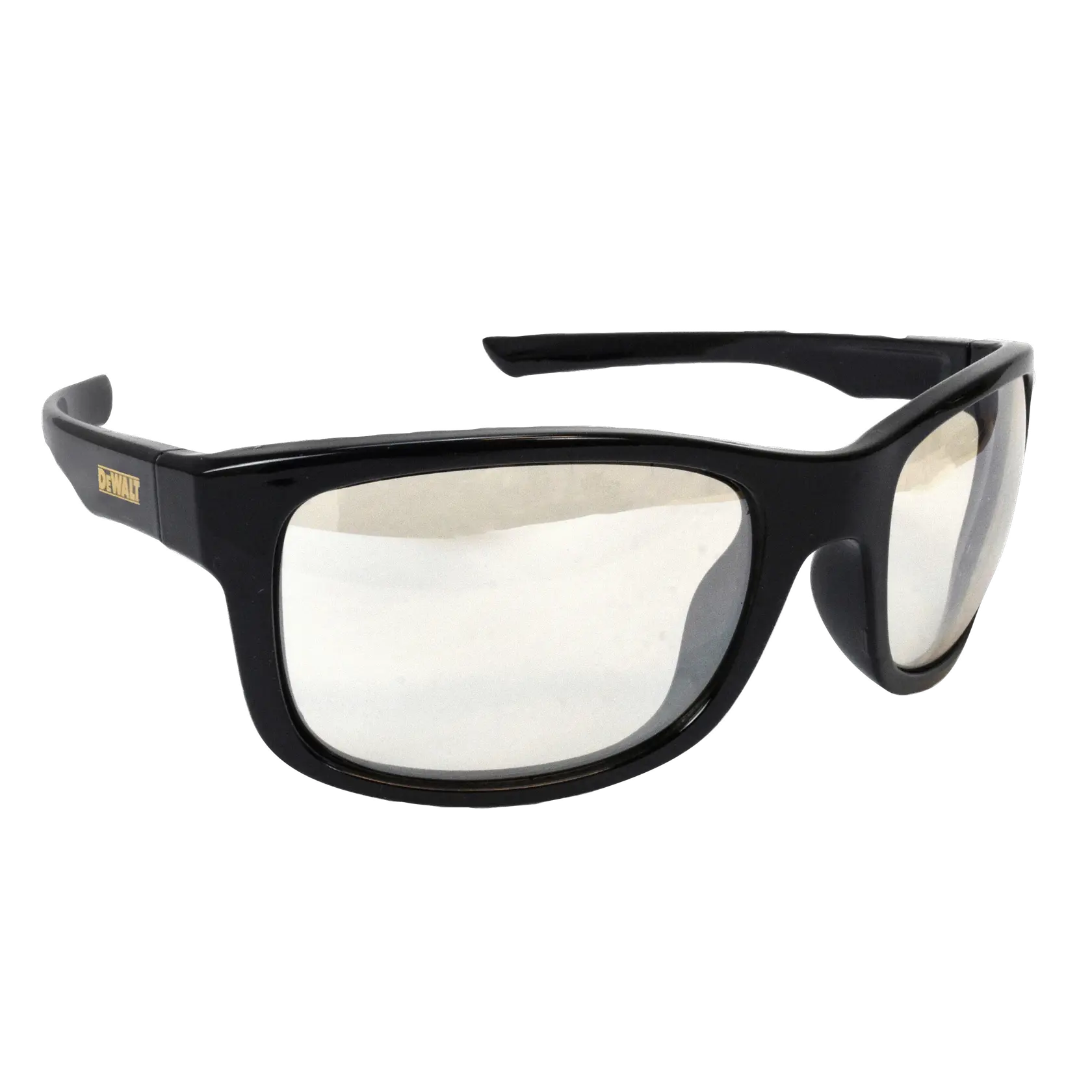 BLACK FRAME WITH CLEAR LENS DEWALT SUPERVISOR PROTECTIVE EYEWEAR COMFORT FLEX TEMPLES HARD COAT LENS FRONT ANGLED VIEW