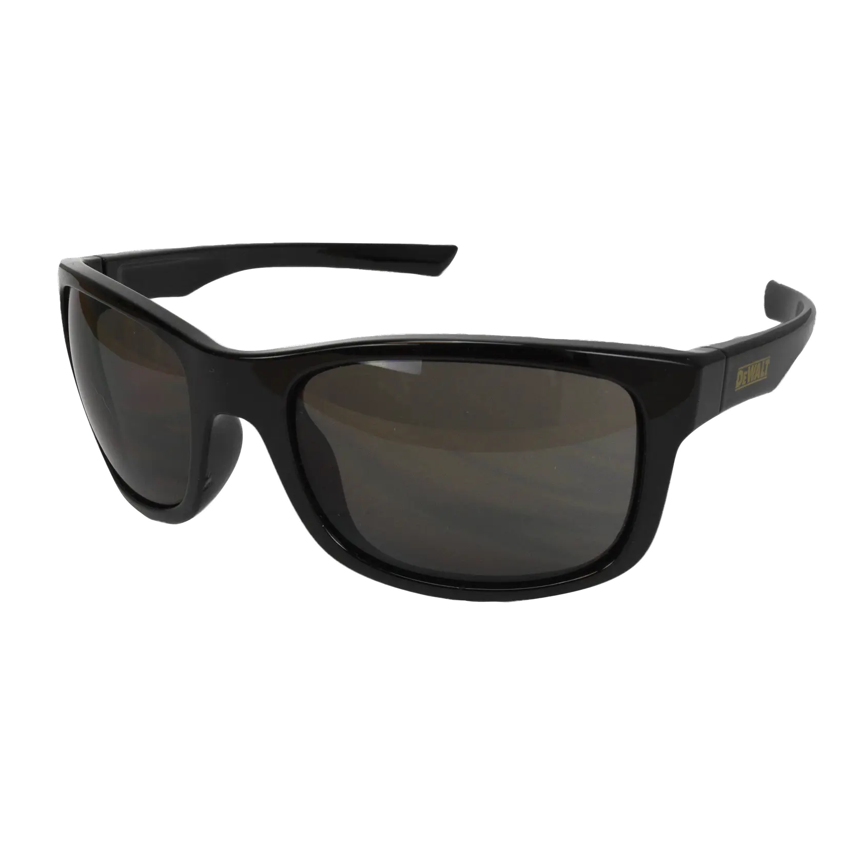 A pair of DEWALT black safety sunglasses with dark lenses and a rectangular frame.