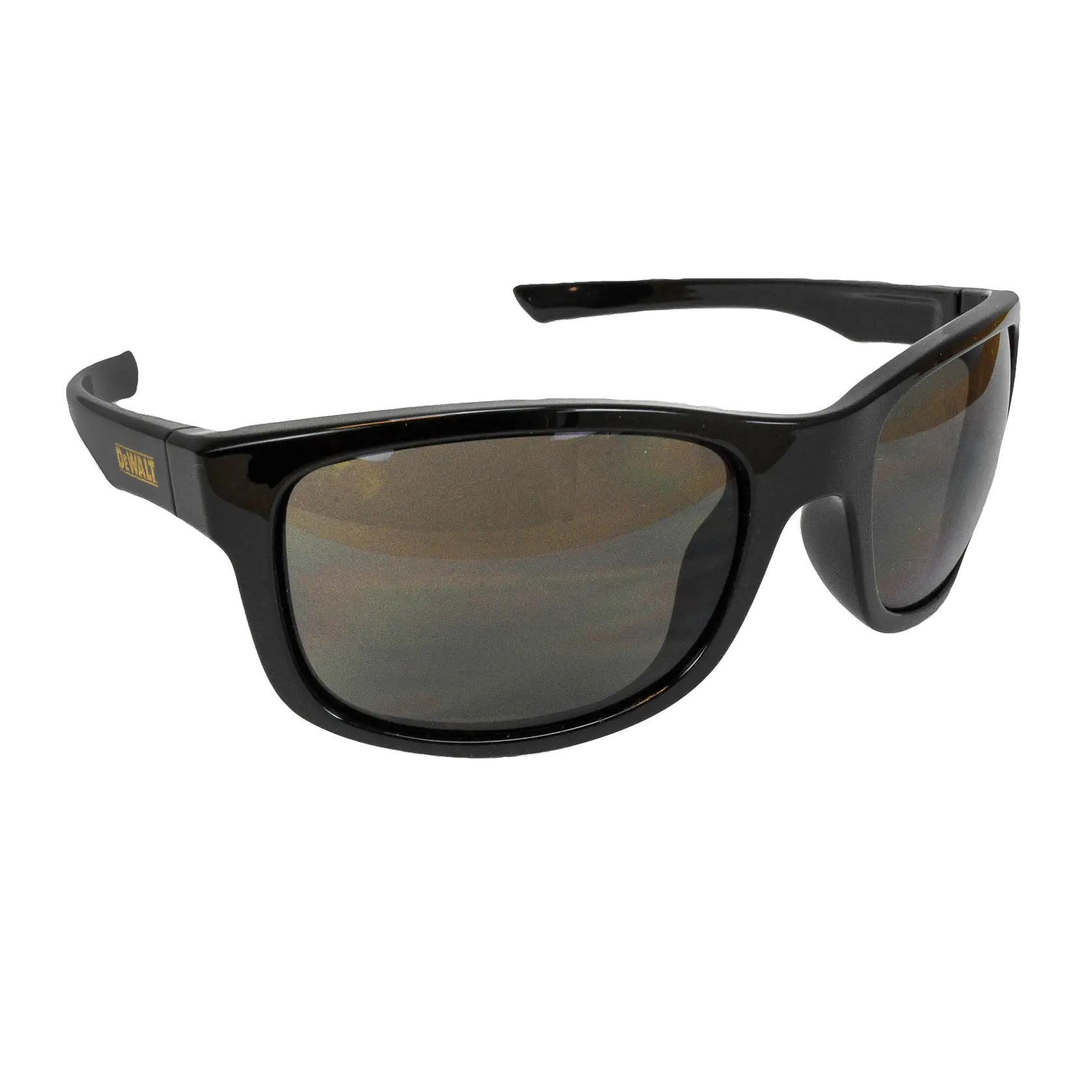 A pair of black DEWALT safety sunglasses with tinted lenses and a thick frame. The DEWALT logo is visible on the temple.