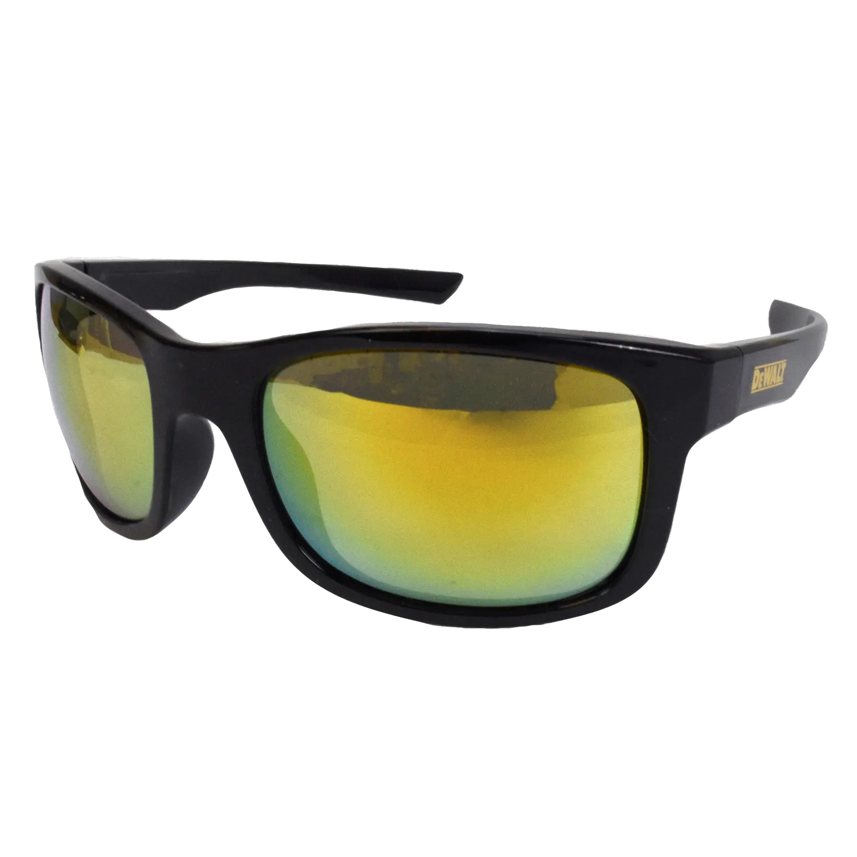 A pair of DEWALT safety sunglasses with a black frame and yellow mirrored lenses.