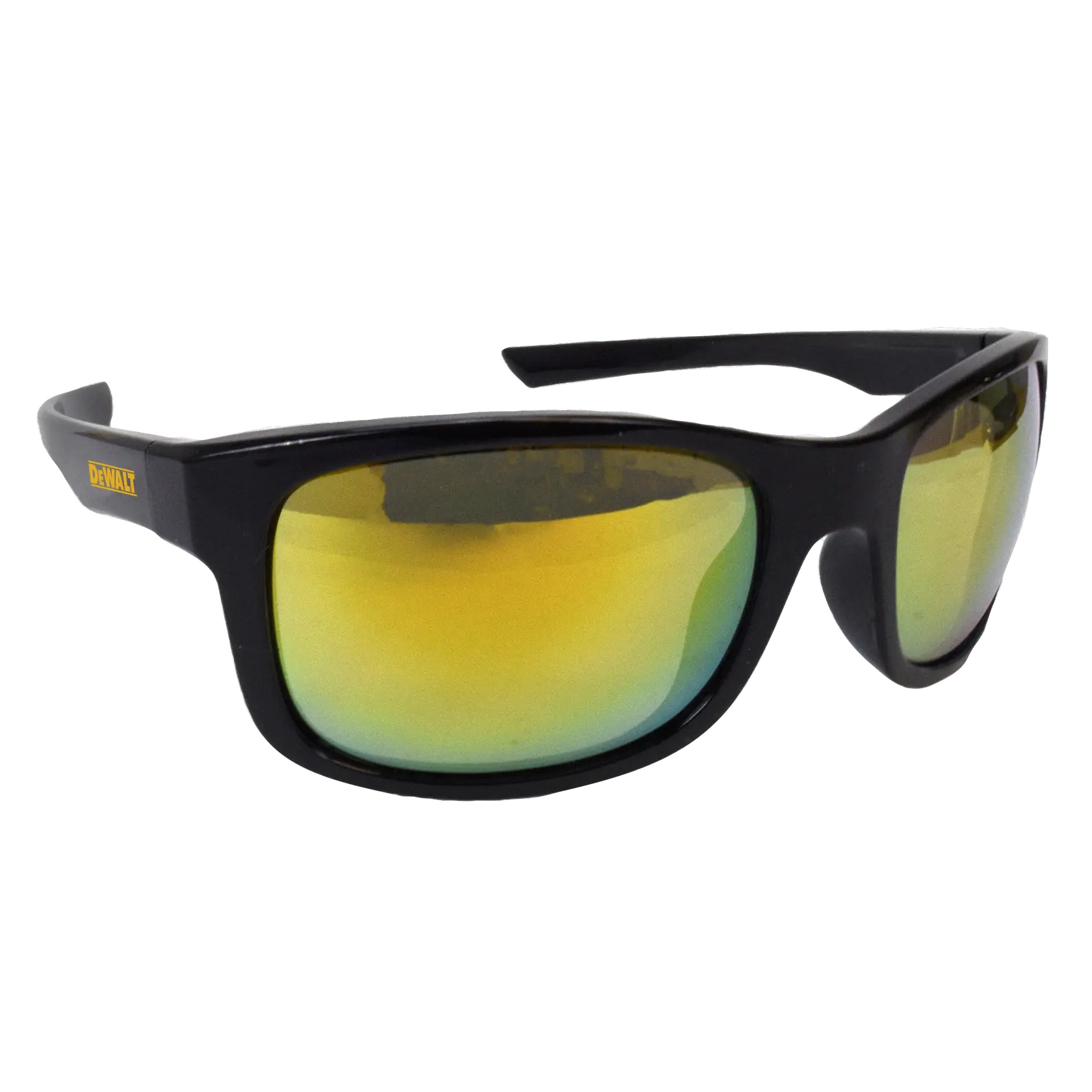 A pair of DEWALT branded safety glasses with black frames and yellow-tinted mirrored lenses.