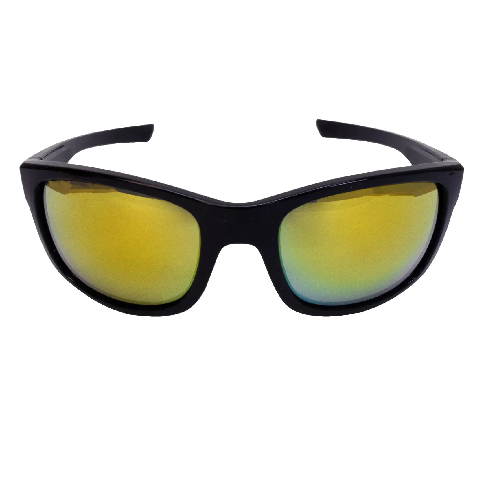 A pair of black-framed safety glasses with yellow-tinted mirrored lenses, viewed from the front.