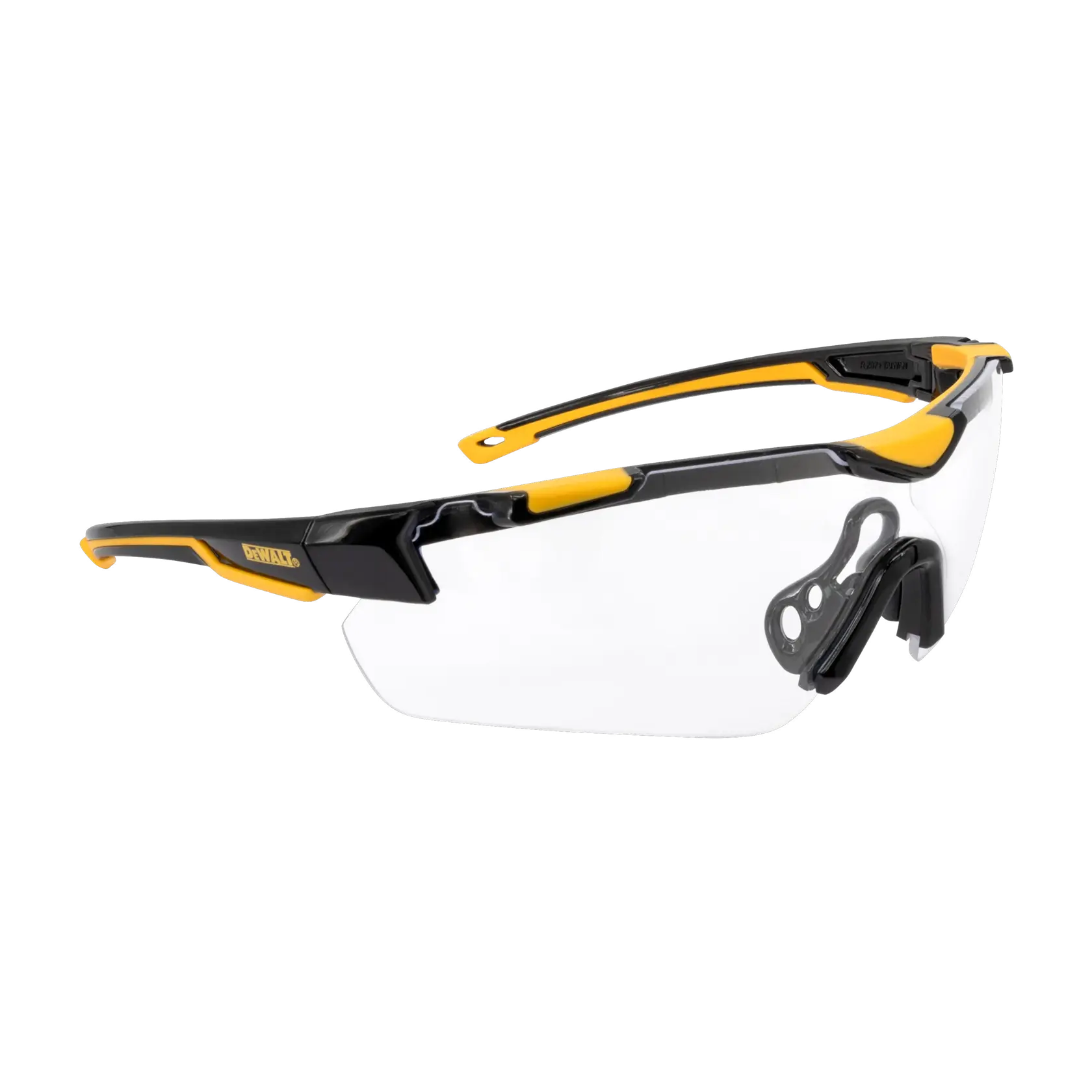 BLACK FRAME AND CLEAR LENS DEWALT CHISEL HALF FRAME PROTECTIVE EYEWEAR RUBBER TEMPLES AND VENTED NOSEPIECE MAIN VIEW