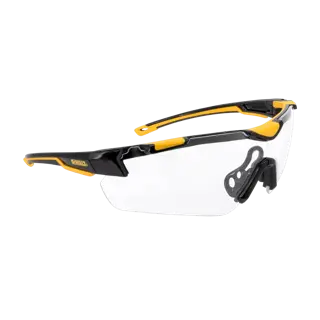 BLACK FRAME AND CLEAR LENS DEWALT CHISEL HALF FRAME PROTECTIVE EYEWEAR RUBBER TEMPLES AND VENTED NOSEPIECE MAIN VIEW
