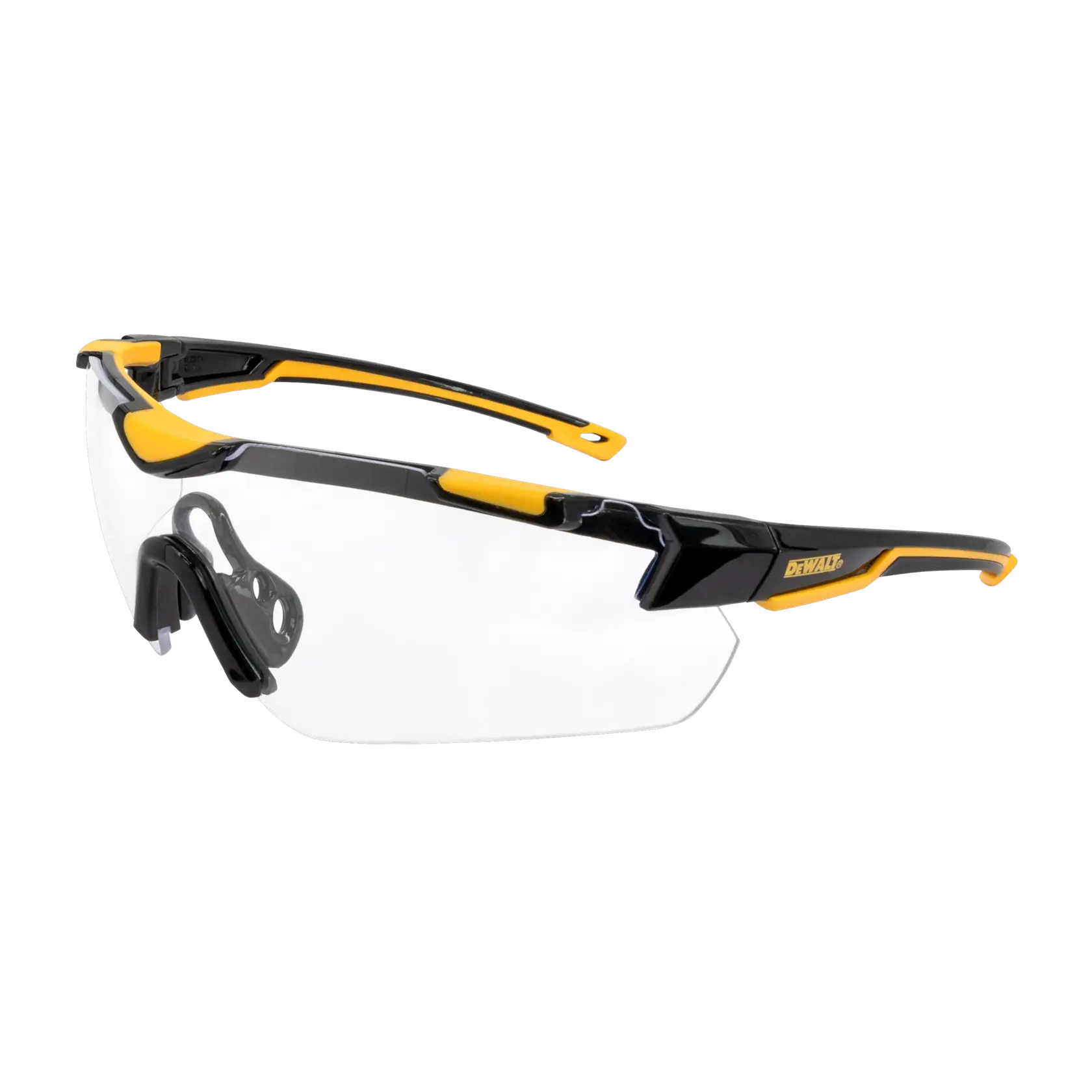 BLACK FRAME AND CLEAR LENS DEWALT CHISEL HALF FRAME PROTECTIVE EYEWEAR RUBBER TEMPLES AND VENTED NOSEPIECE ANGLED FRONT VIEW