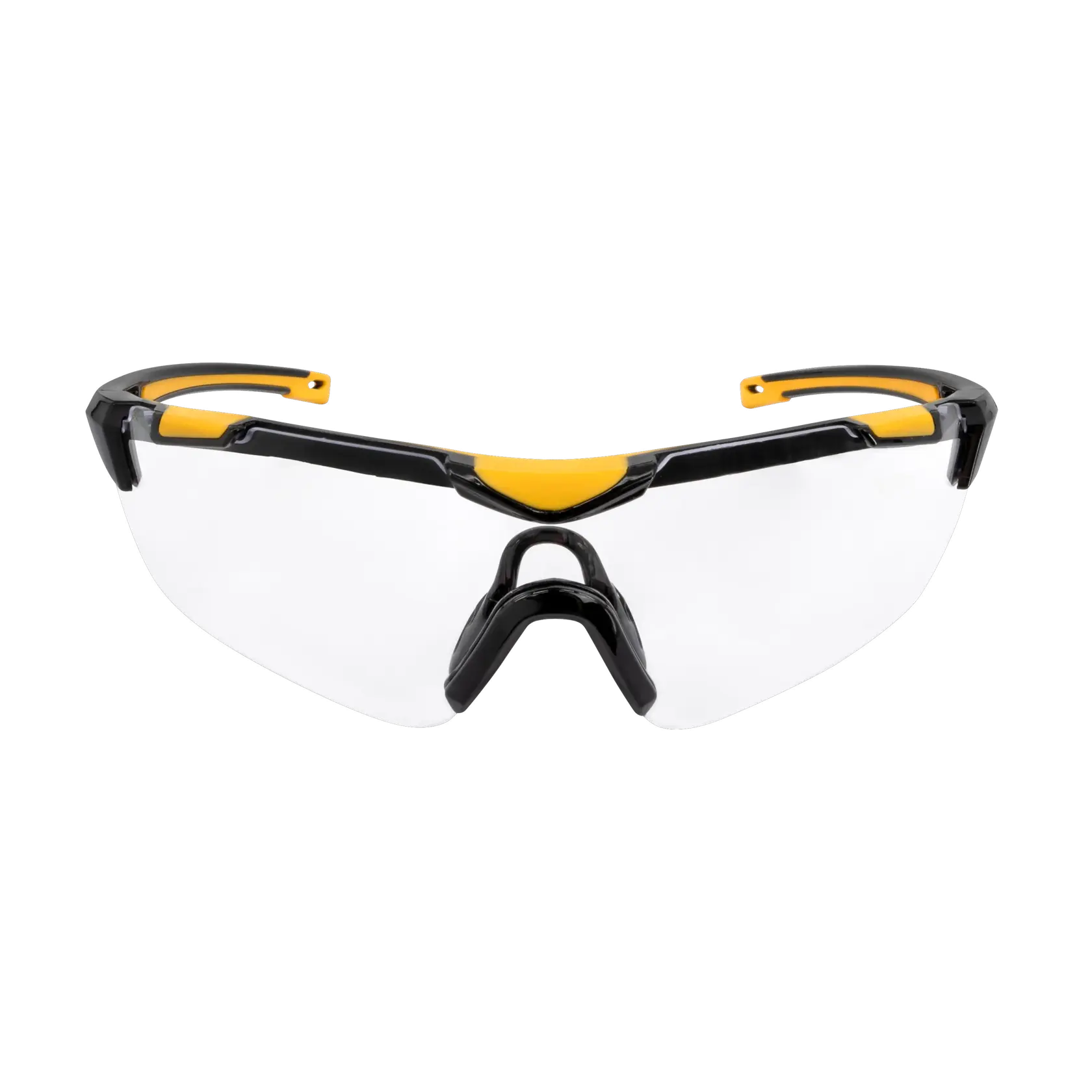 BLACK FRAME AND CLEAR LENS DEWALT CHISEL HALF FRAME PROTECTIVE EYEWEAR RUBBER TEMPLES AND VENTED NOSEPIECE FRONT VIEW