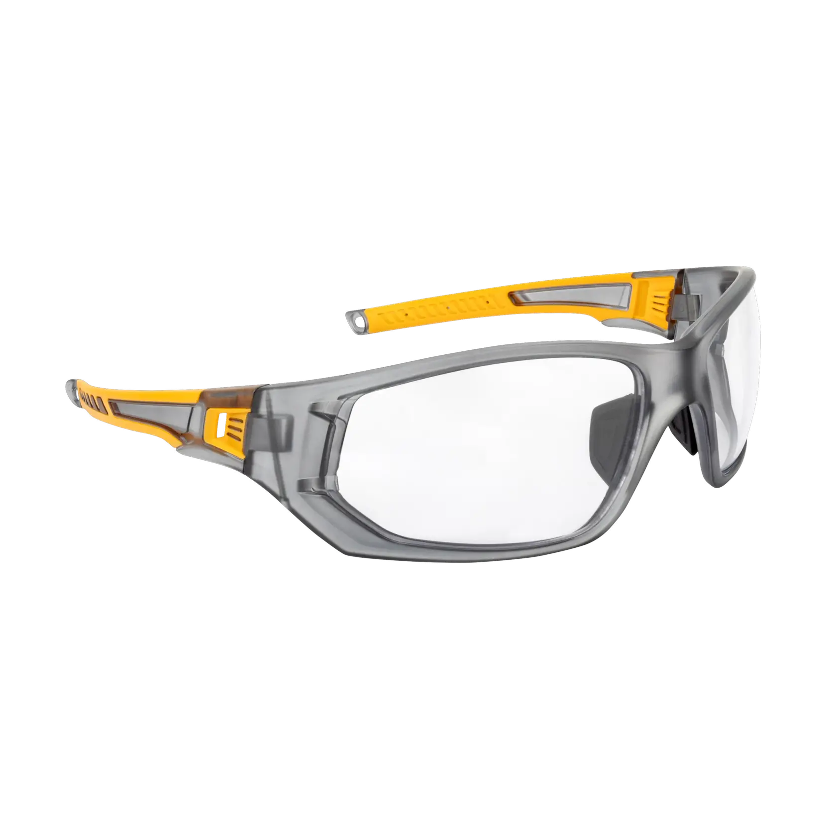 Right angle of DEWALT DPG112 full frame safety glass with gray frame, clear lens, and yellow overmolded temples.
