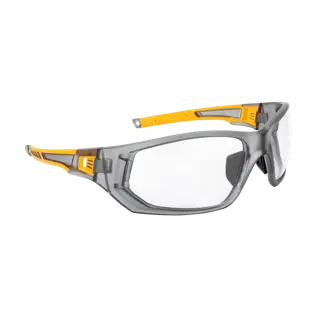Right angle of DEWALT DPG112 full frame safety glass with gray frame, clear lens, and yellow overmolded temples.