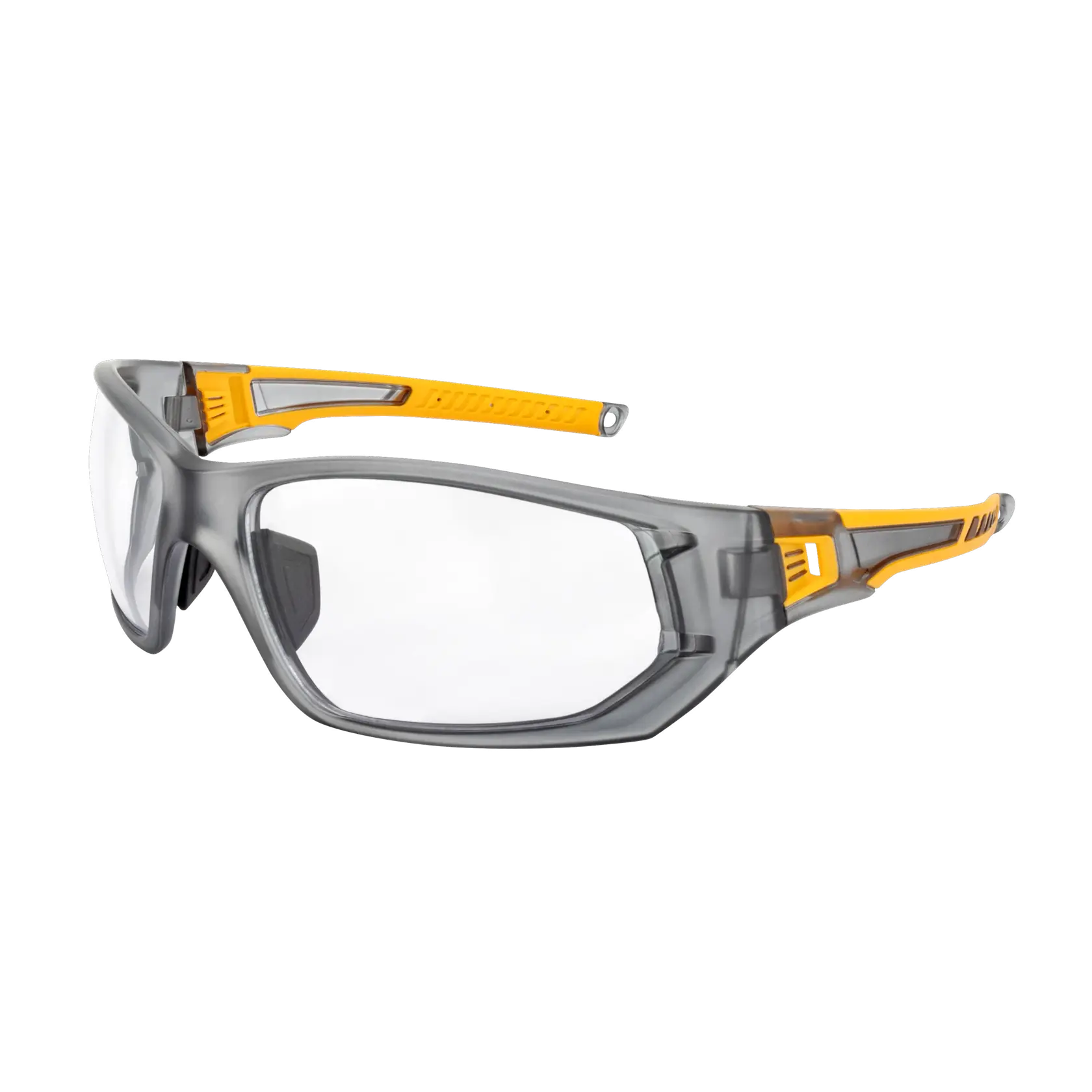 Left angle of DEWALT DPG112 full frame safety glass with gray frame, clear lens, and yellow overmolded temples.