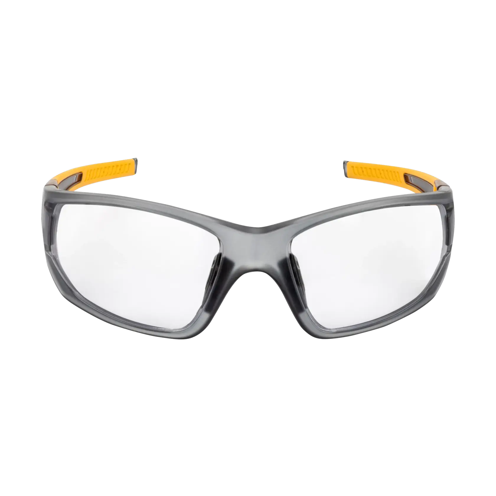 Front view of DEWALT DPG112 safety glass with clear lenses, showcasing the full width of the gray frame with yellow accents.