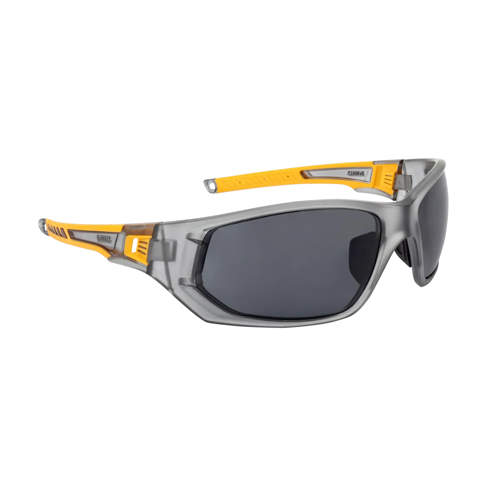 A pair of safety glasses with dark tinted lenses and a gray and yellow frame, designed for protective eyewear use.