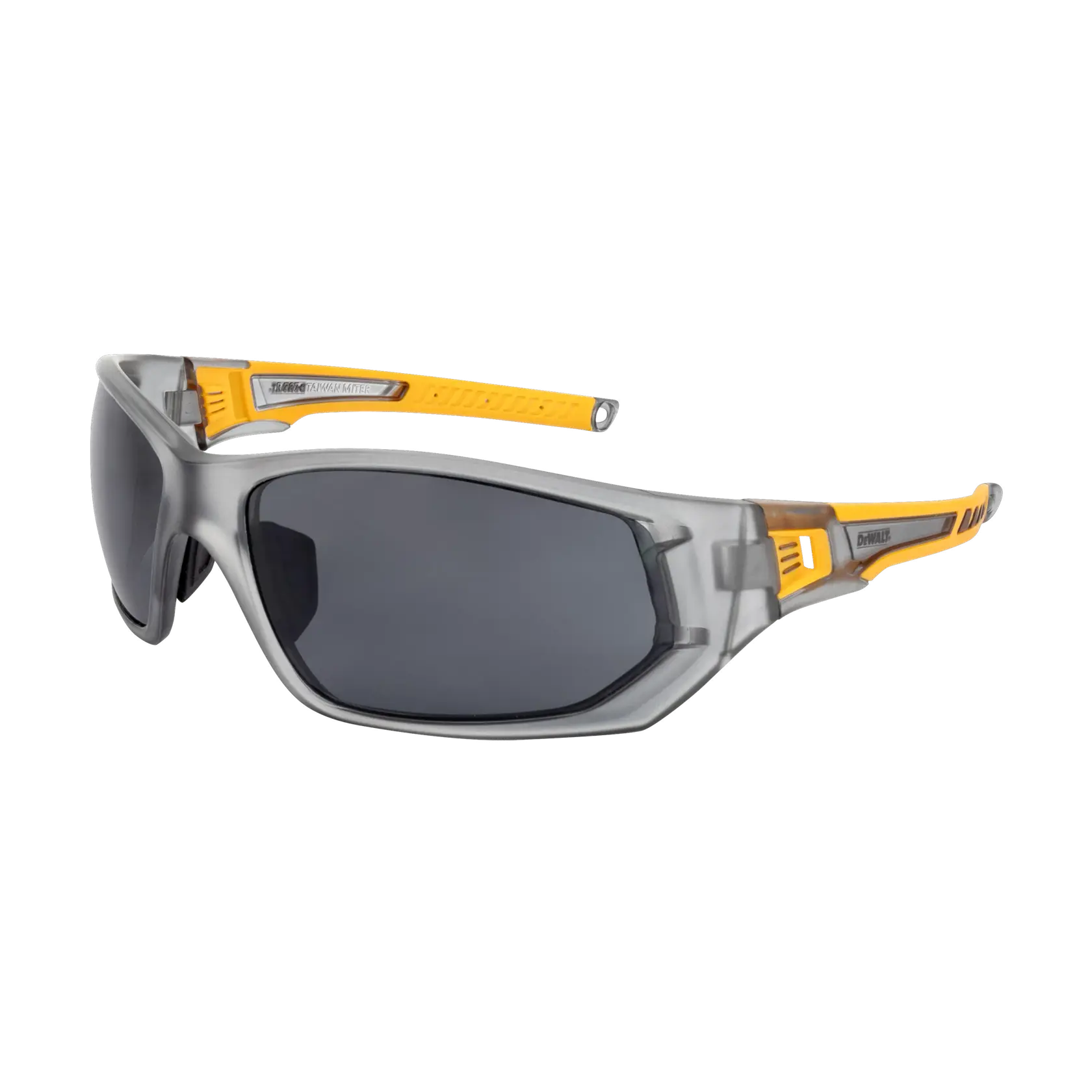 A pair of DEWALT safety glasses with a gray and yellow frame and dark tinted lenses.