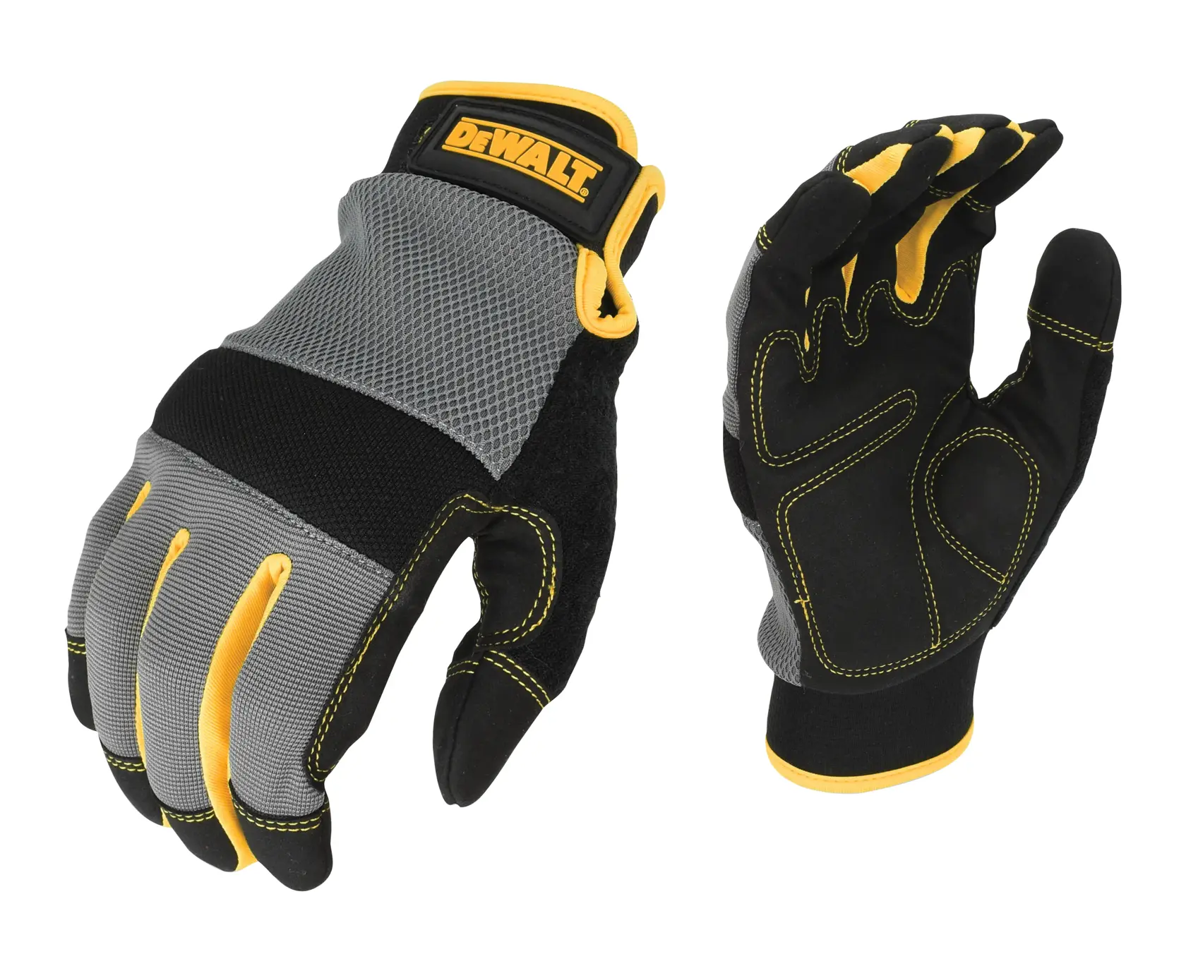 A pair of DEWALT branded work gloves in black, gray, and yellow with reinforced stitching and padded palms, shown from both front and back on a white background.