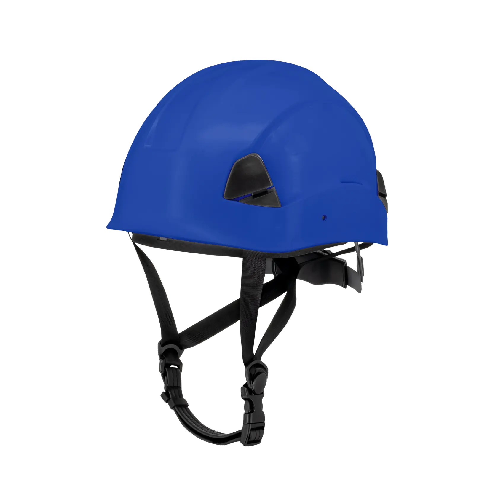 A blue safety helmet with black adjustable straps and side attachments, designed for use in construction or industrial environments.