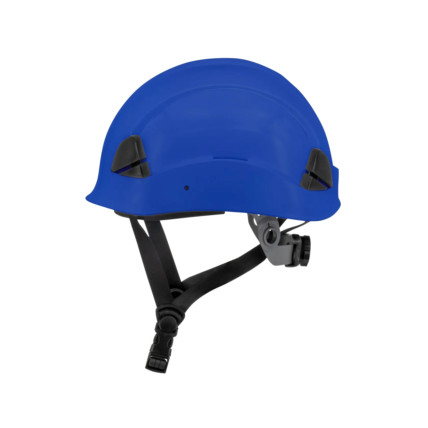 A blue safety helmet with black adjustable straps and side attachments, shown against a white background.