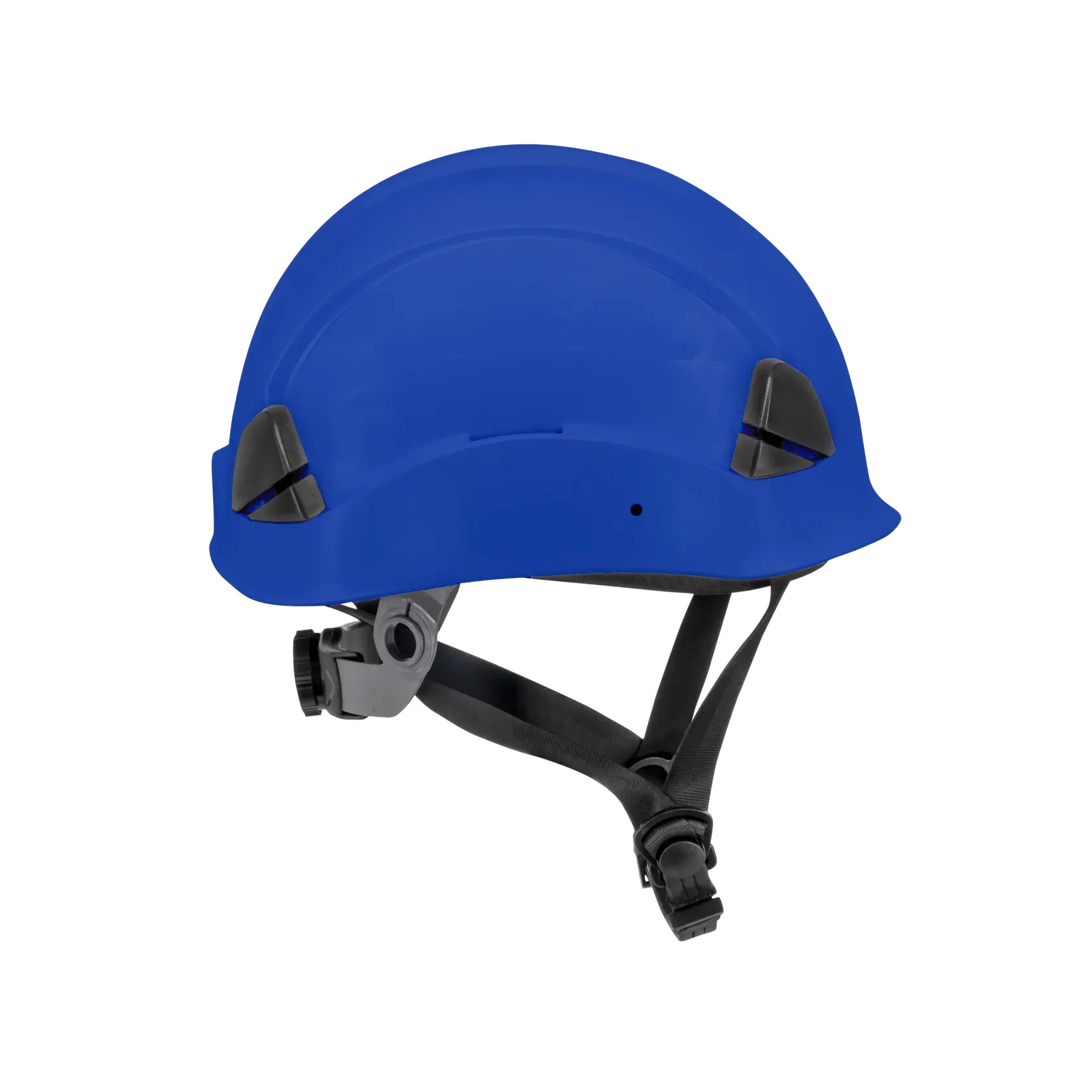 A blue safety helmet with black adjustable straps and a dial at the back, designed for head protection.