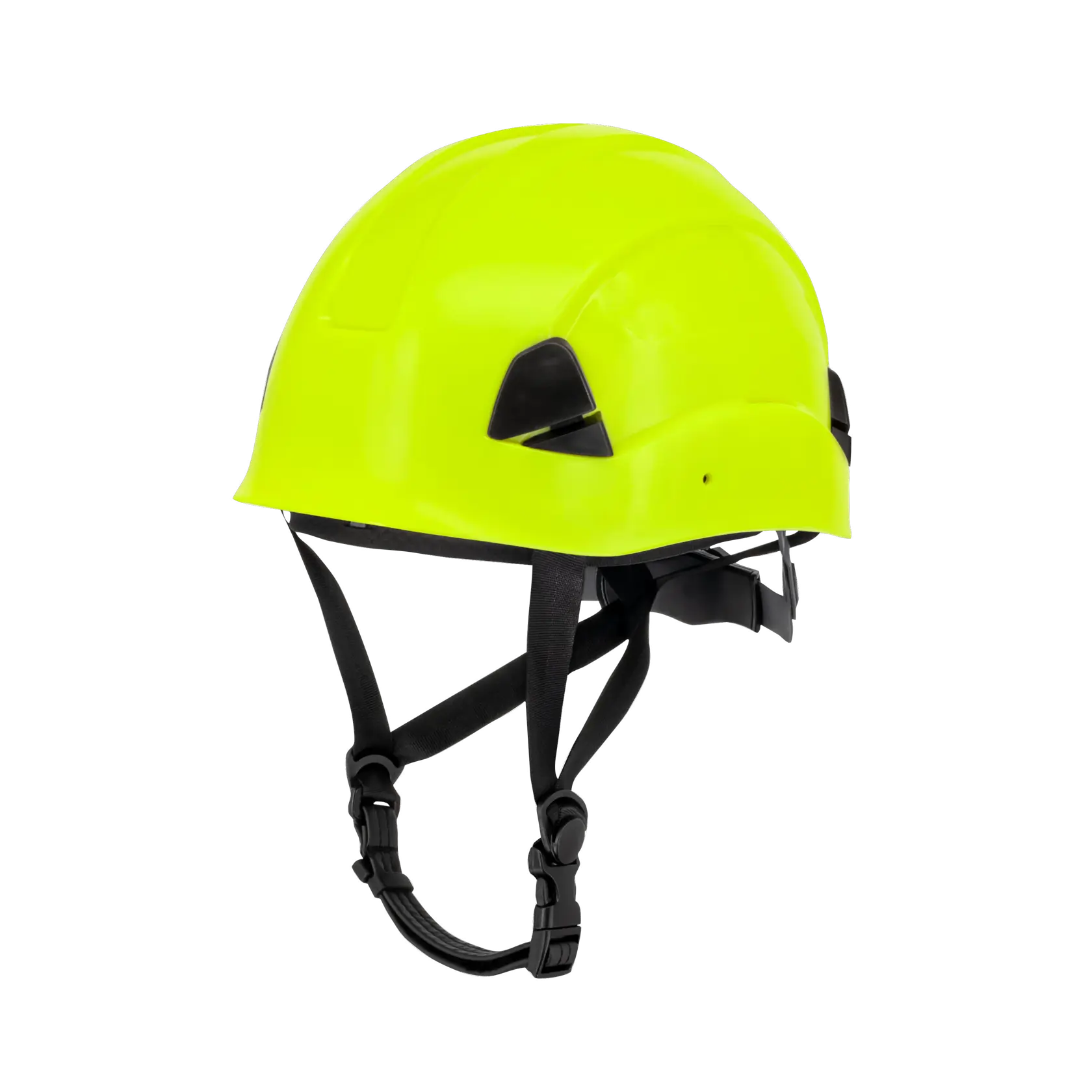 A high-visibility lime safety helmet with black adjustable straps and plastic clips, designed for workplace protection.
