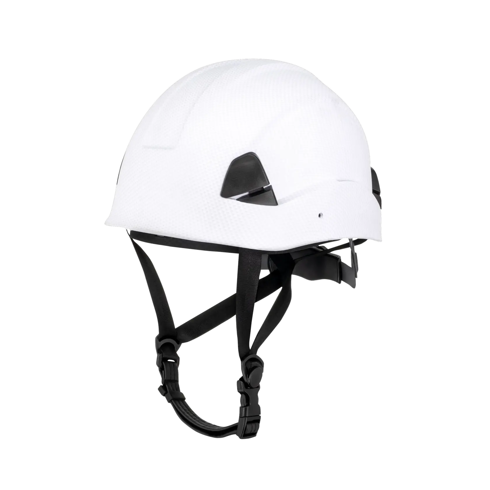 A white safety helmet with black adjustable straps and black side attachments, photographed against a white background.