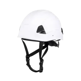 A white safety helmet with black adjustable straps and black side attachments, photographed against a white background.