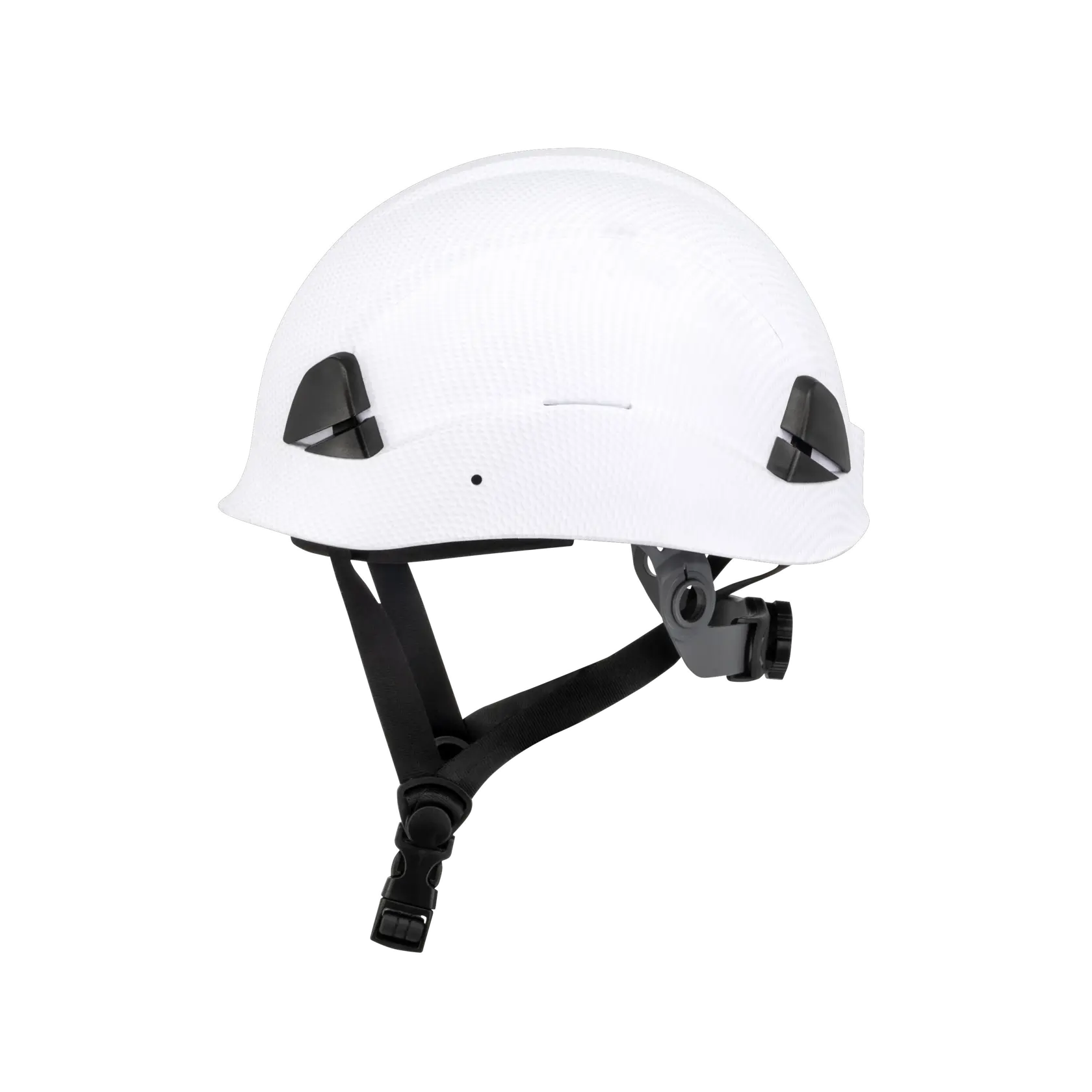 A white safety helmet with black adjustable straps and side attachments, designed for head protection in construction or industrial settings.