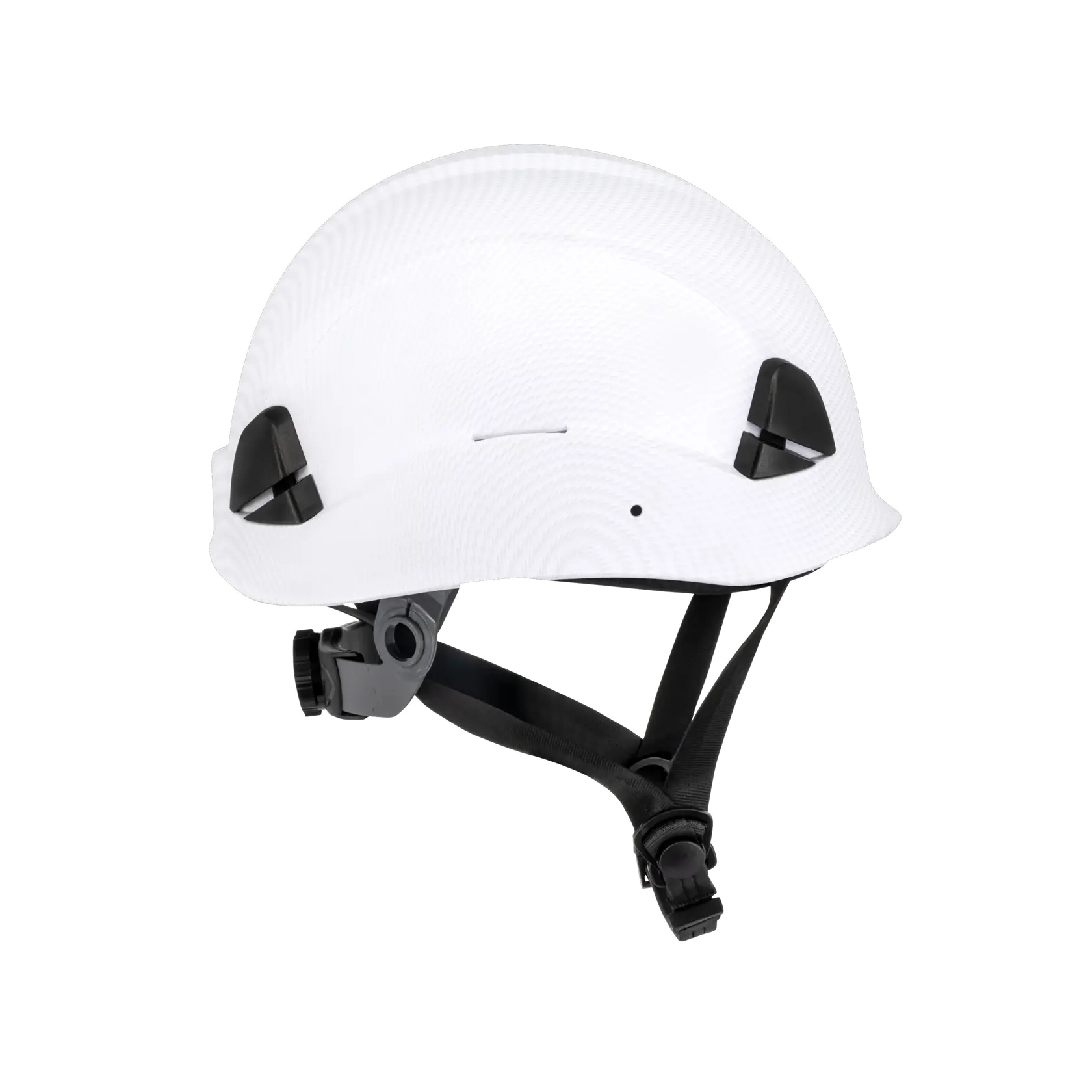 A white safety helmet with black adjustable straps and black side clips, photographed against a plain white background.