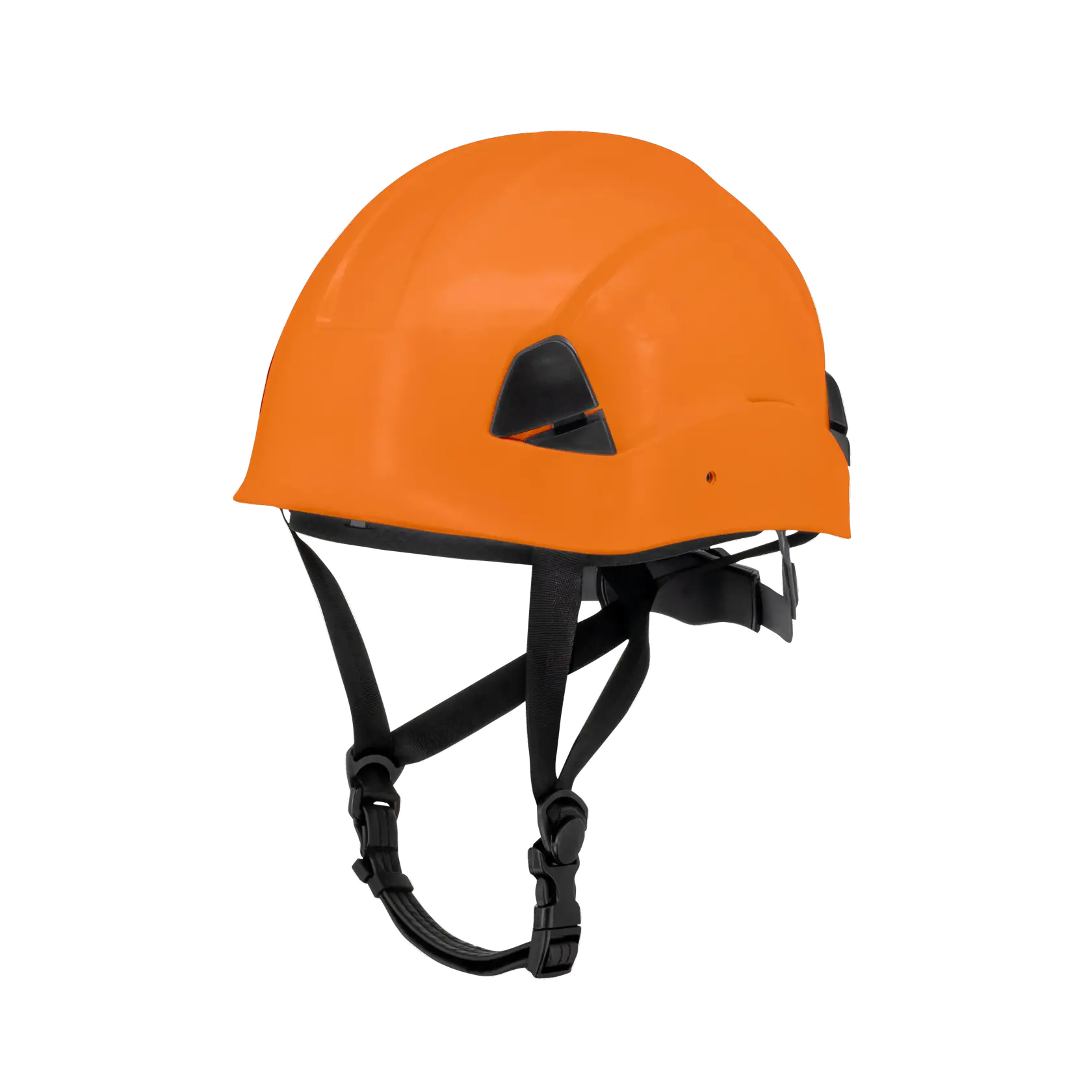 An orange safety helmet with black straps and black side attachments, designed for head protection on construction or industrial sites.