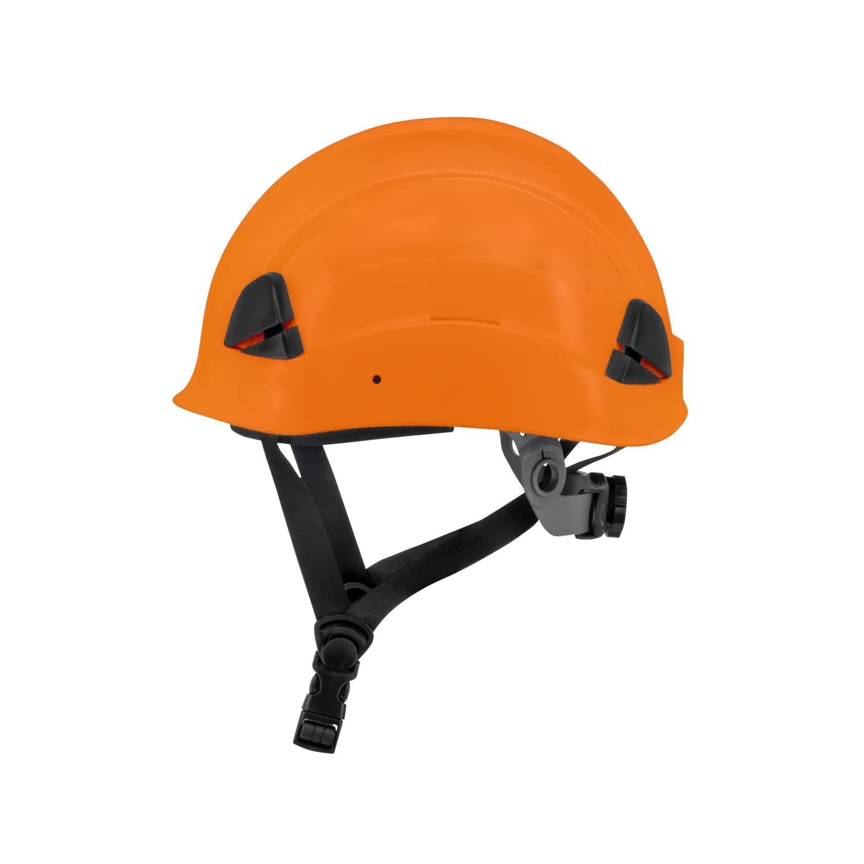 An orange safety helmet with black adjustable chin strap and side attachments, shown on a white background.