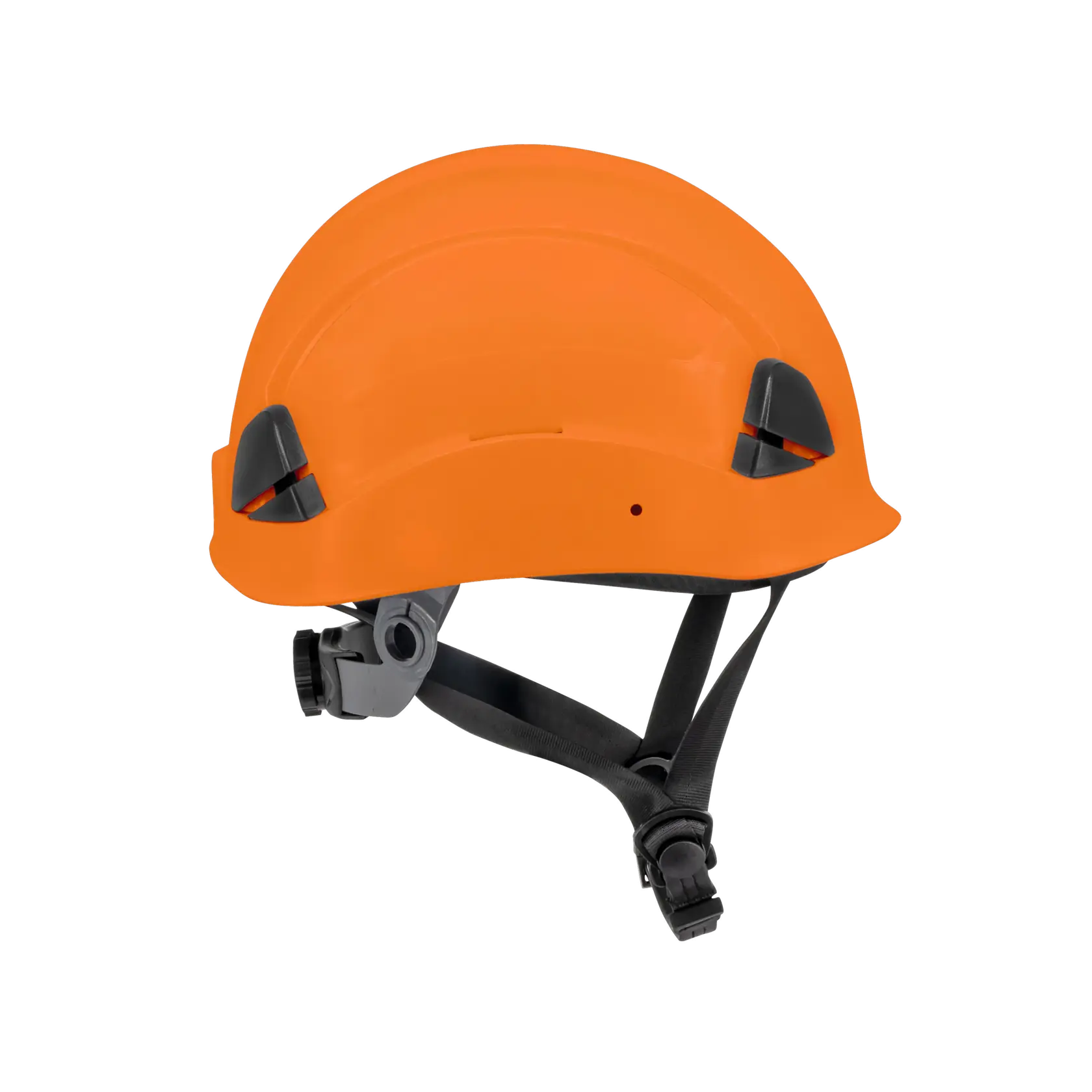 An orange safety helmet with black adjustable straps and a chin strap, designed for head protection in construction or industrial settings.