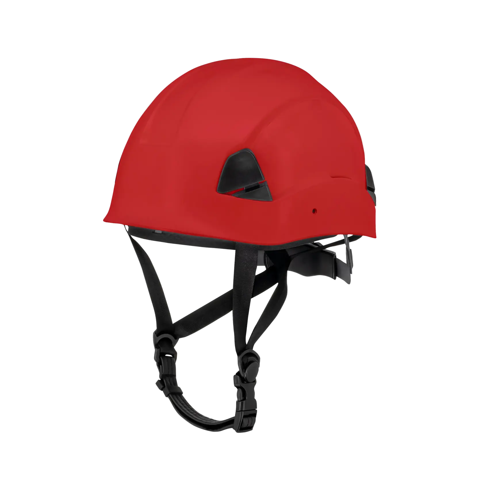 A red safety helmet with black adjustable straps and side attachments, designed for head protection.