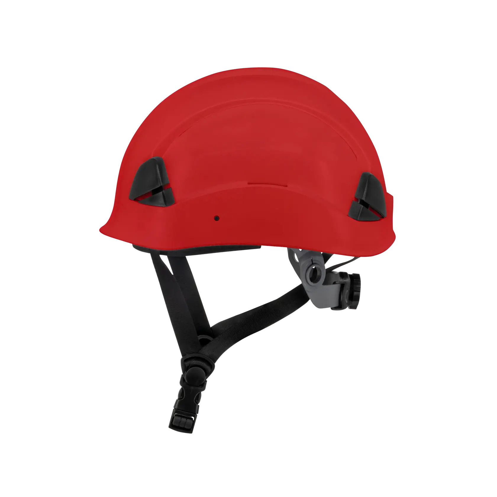 A red safety helmet with black adjustable straps and side attachments, shown on a white background.
