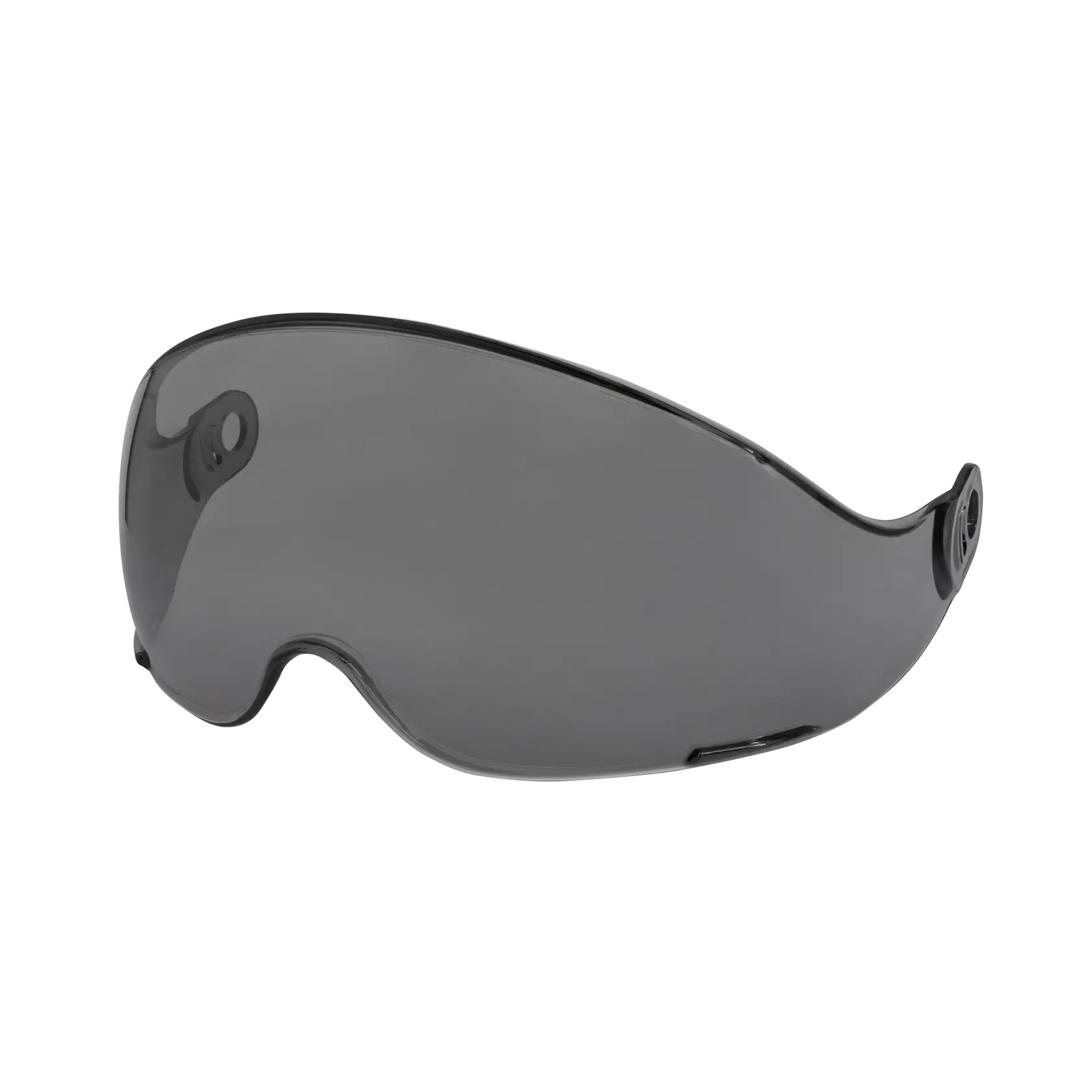 A single smoked-tinted replacement lens for safety glasses, shaped to cover the eyes and provide protection. The lens is designed with mounting points on each side.