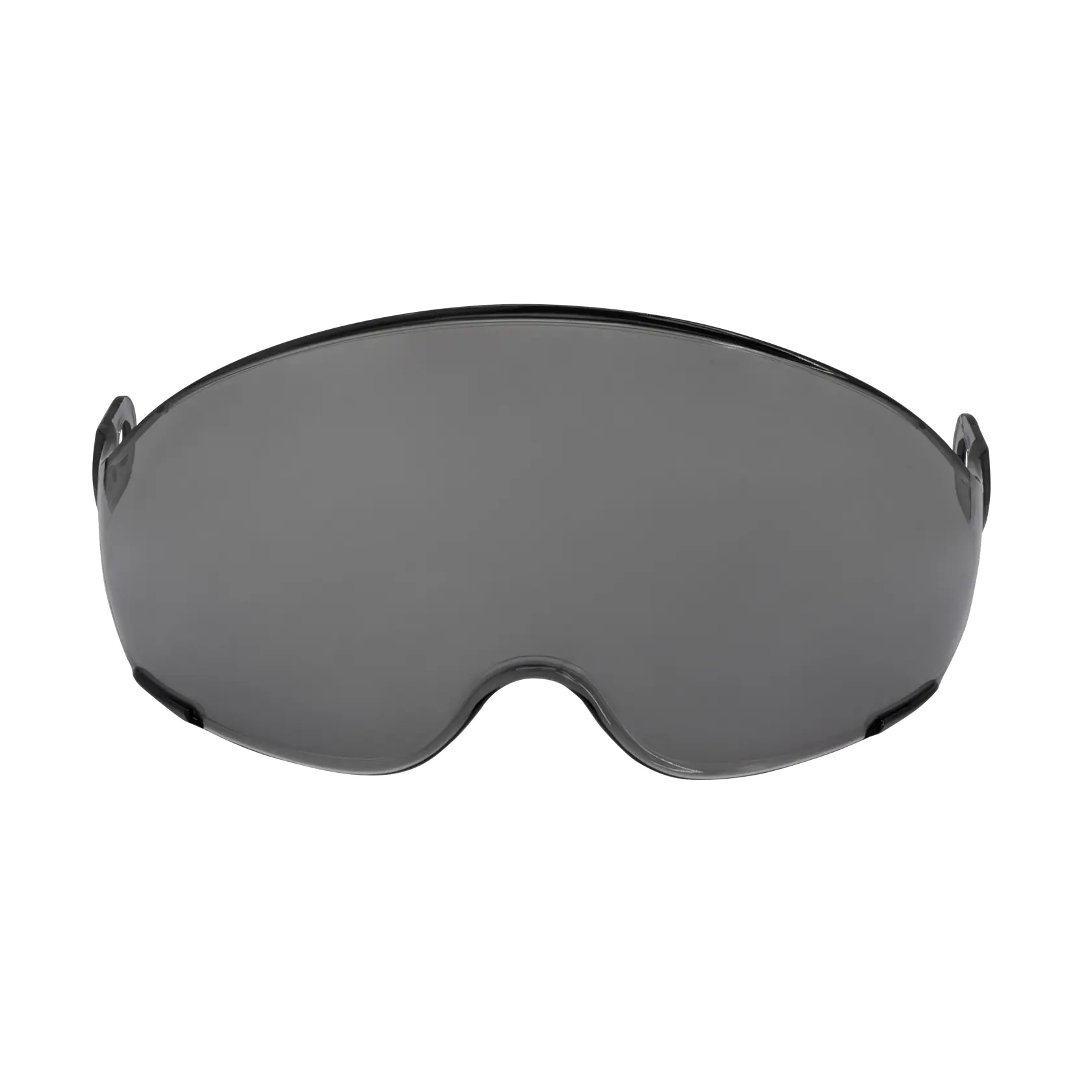 A close-up view of a single tinted safety goggle lens with a wraparound design. The lens is dark gray and does not have a visible frame or straps.