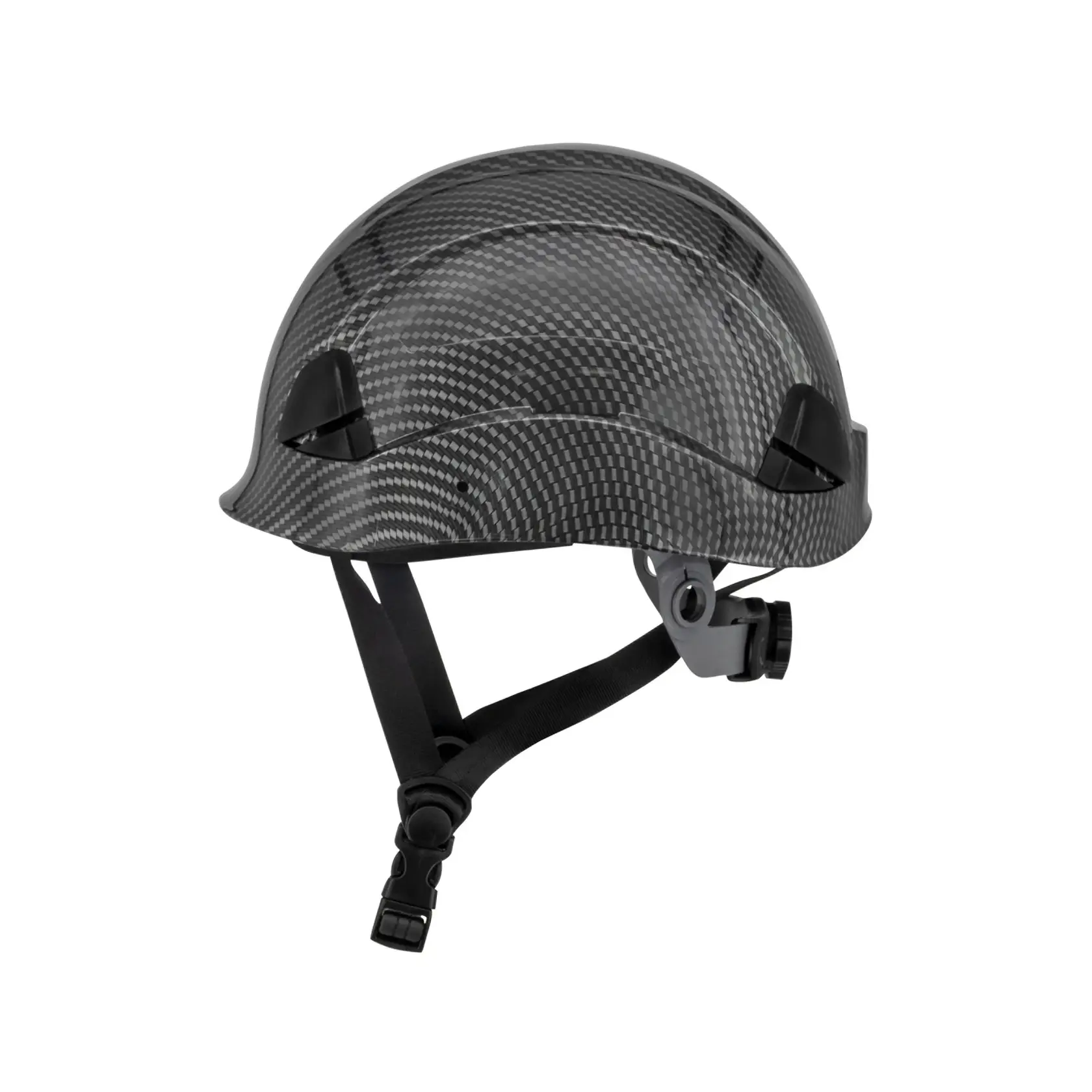 SLATE DEWALT TYPE II CLASS E HELMET WITH BLACK RATCHET SUSPENSION AND LEATHER CHINSTRAP LEFT SIDE VIEW