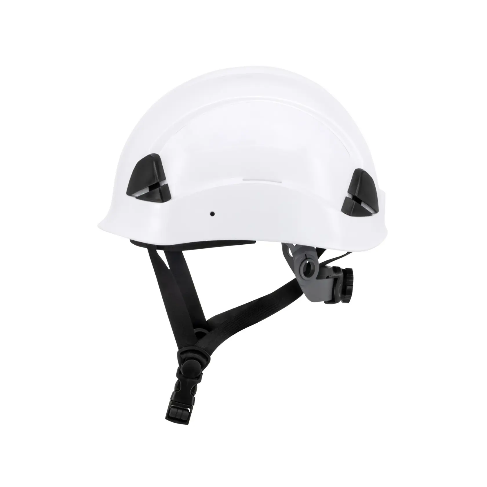 WHITE DEWALT TYPE II CLASS E HELMET WITH BLACK RATCHET SUSPENSION AND LEATHER CHINSTRAP LEFT SIDE VIEW