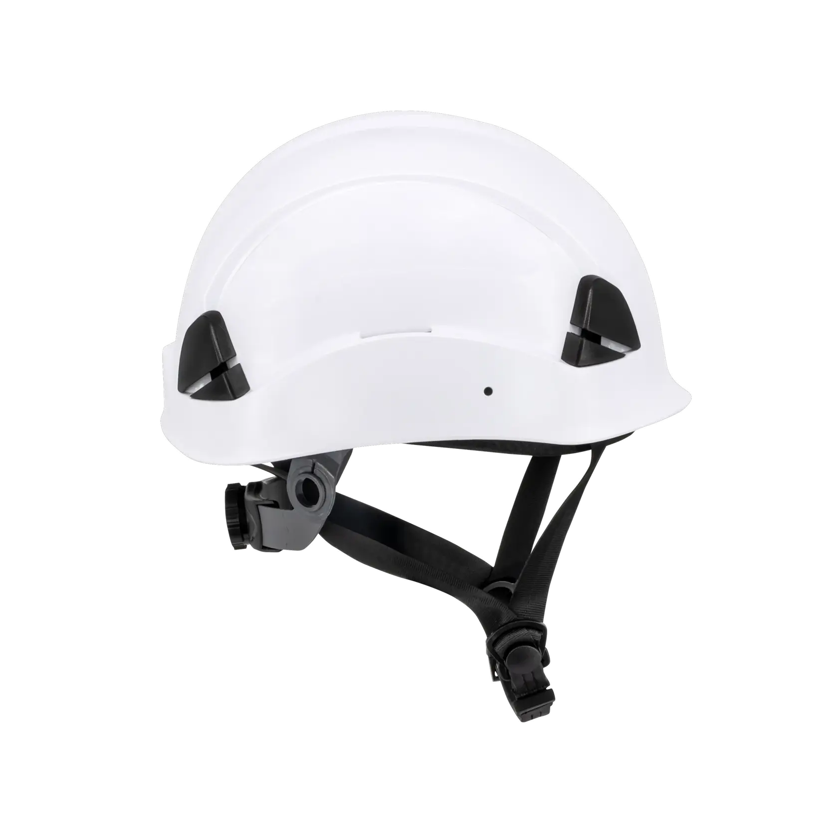 WHITE DEWALT TYPE II CLASS E HELMET WITH BLACK RATCHET SUSPENSION AND LEATHER CHINSTRAP RIGHT SIDE VIEW