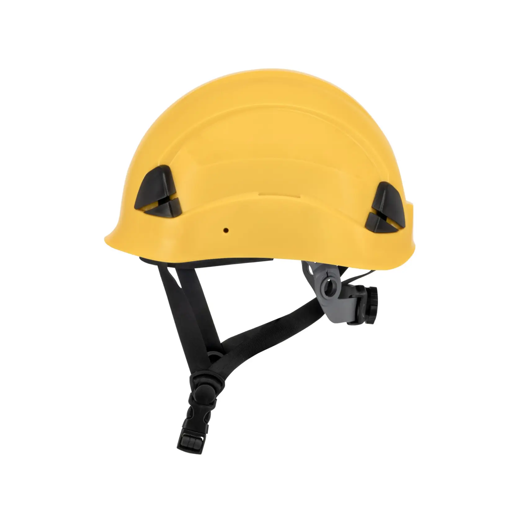 YELLOW DEWALT TYPE II CLASS E HELMET WITH BLACK RATCHET SUSPENSION AND LEATHER CHINSTRAP LEFT SIDE VIEW