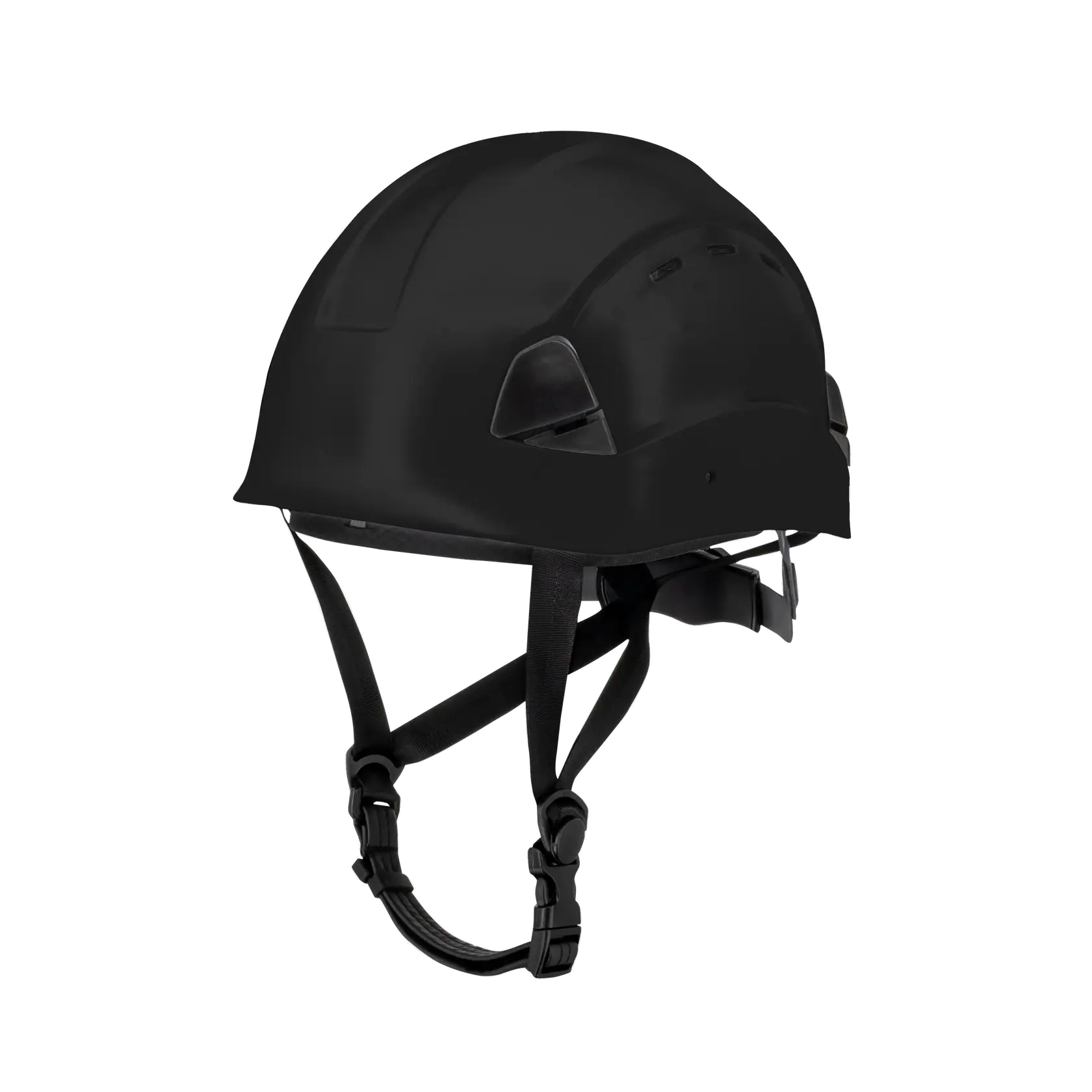 A black safety helmet with adjustable chin straps, shown against a white background.