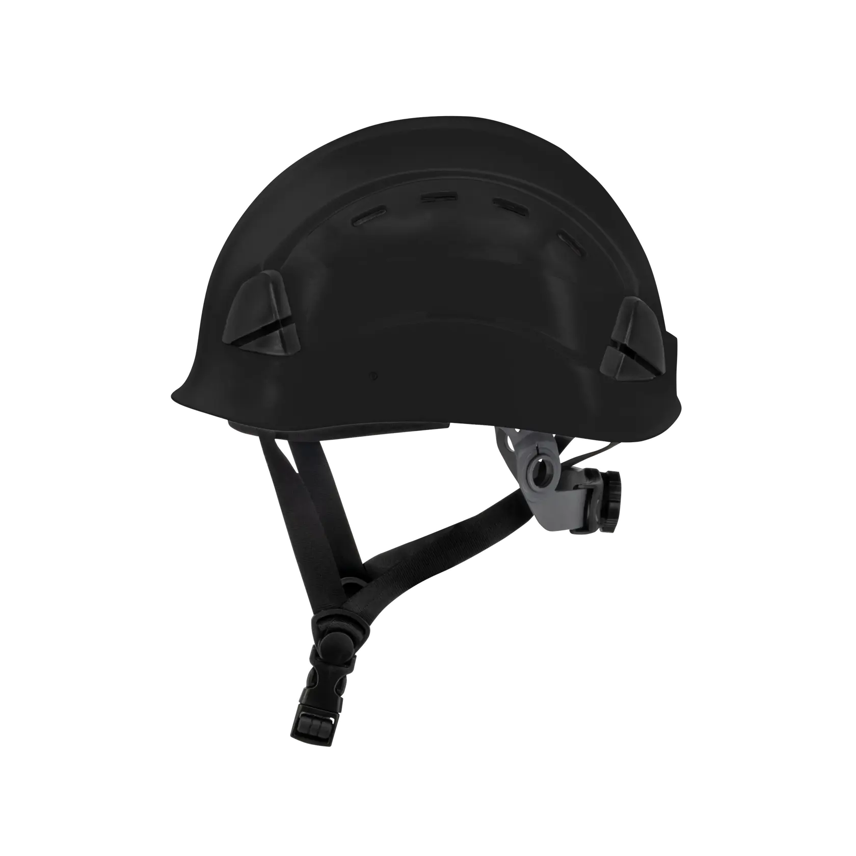 A black safety helmet with ventilation holes and an adjustable chin strap, suitable for use in construction or industrial settings.