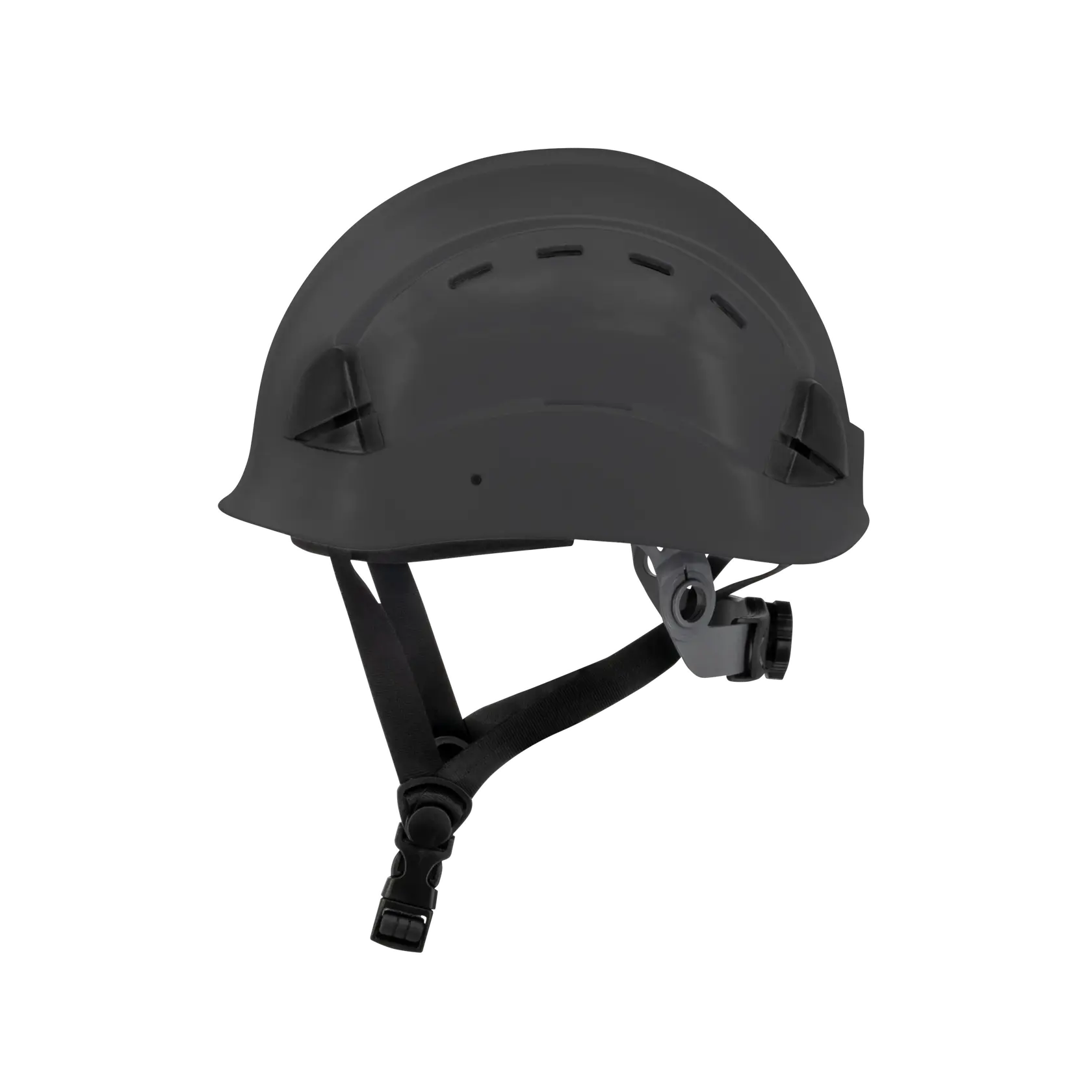 A gray safety helmet with ventilation holes and an adjustable chin strap, shown from a side angle.