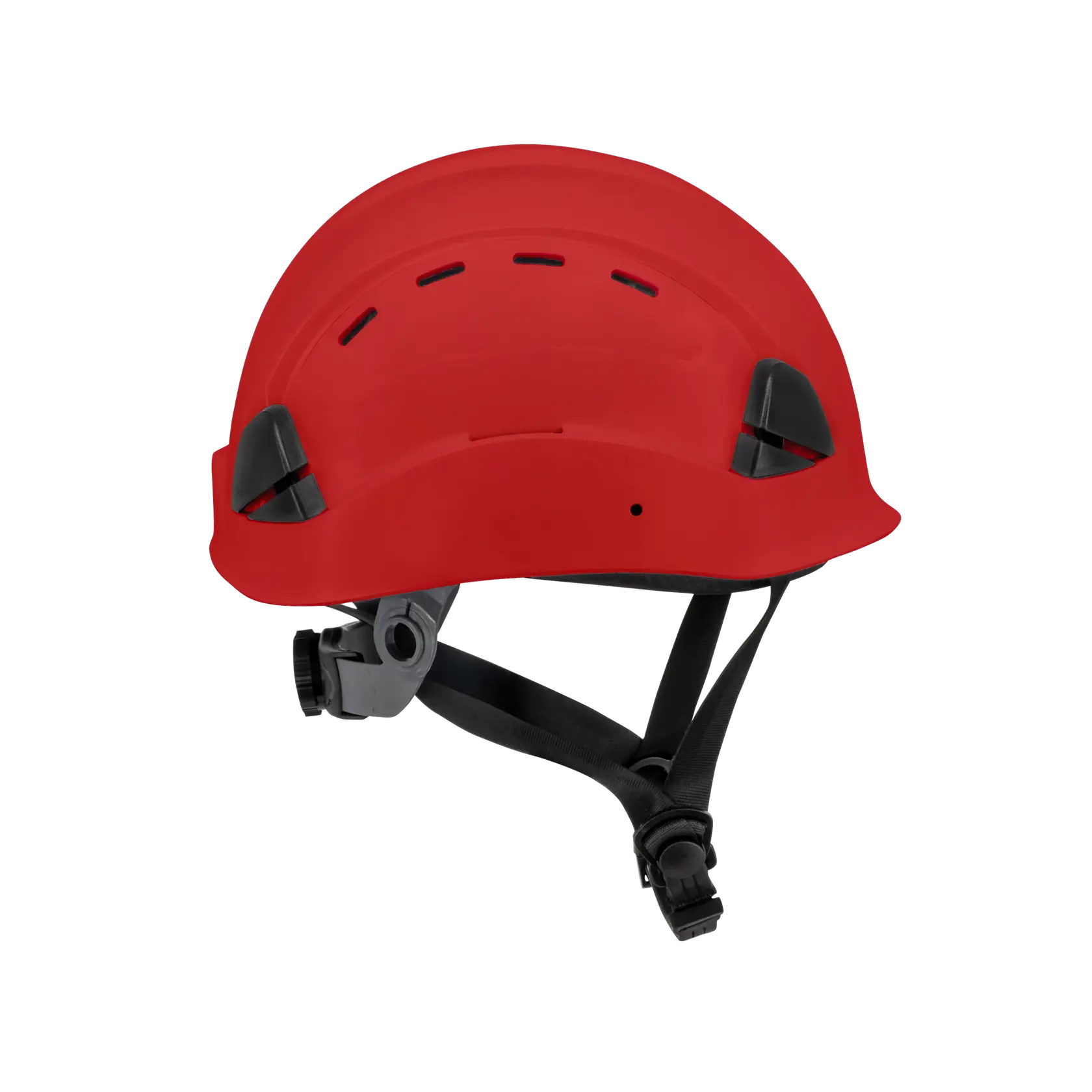 A red safety helmet with black adjustable straps and ventilation slots, shown against a white background.