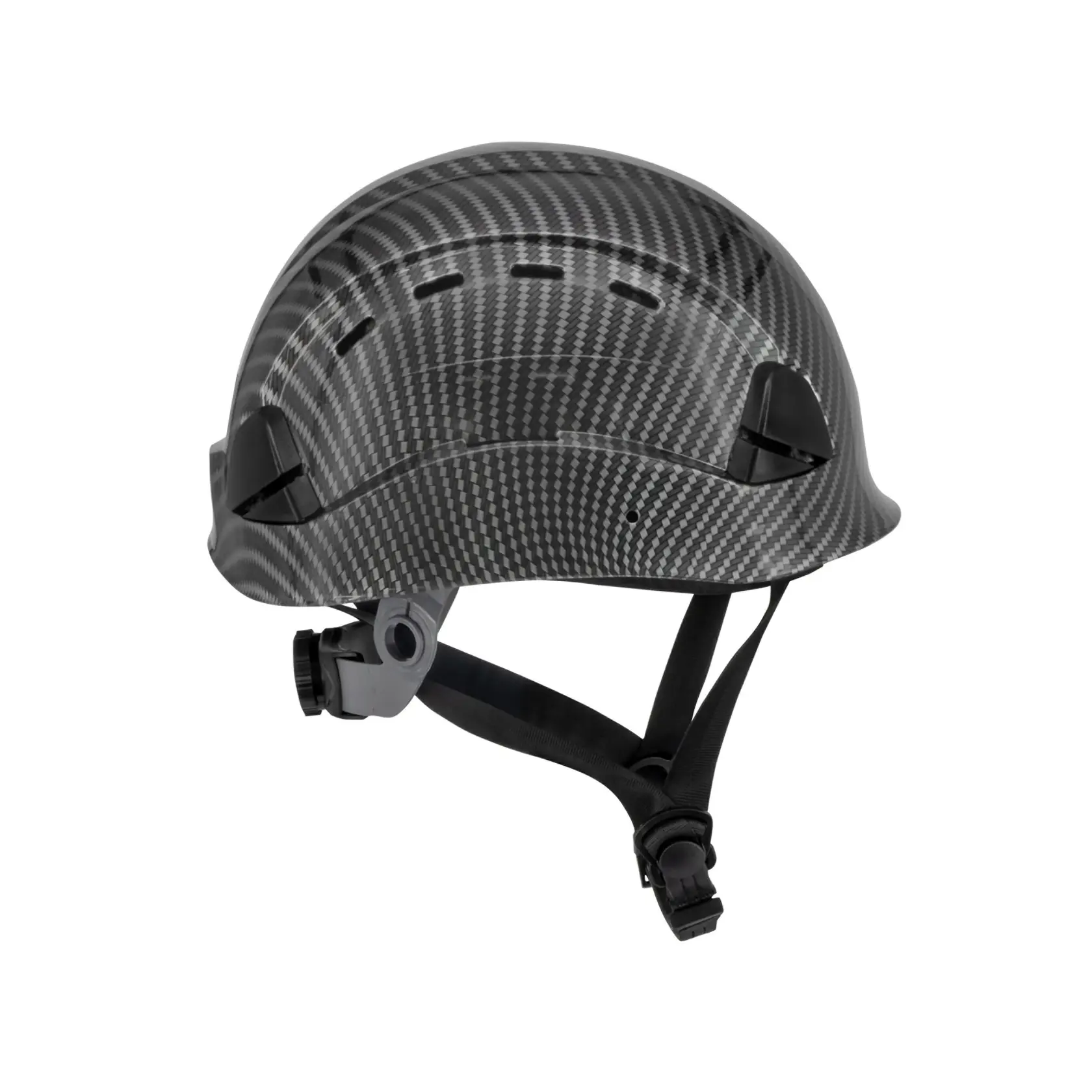 SLATE VENTED DEWALT TYPE II CLASS C HELMET WITH BLACK RATCHET SUSPENSION AND LEATHER CHINSTRAP RIGHT SIDE VIEW