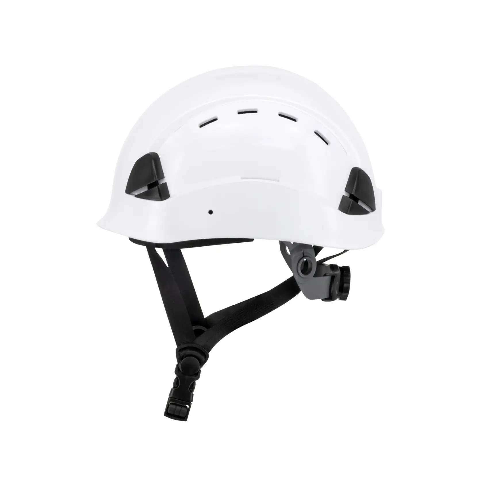 WHITE DEWALT TYPE II CLASS E HELMET WITH BLACK RATCHET SUSPENSION AND LEATHER CHINSTRAP LEFT SIDE VIEW