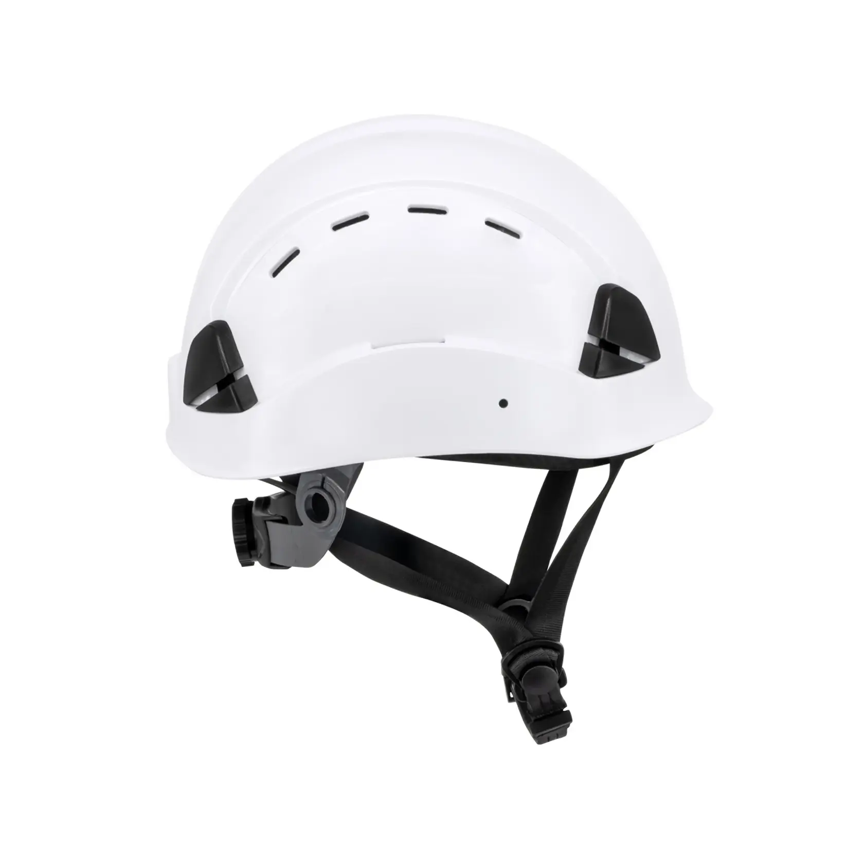 WHITE DEWALT TYPE II CLASS E HELMET WITH BLACK RATCHET SUSPENSION AND LEATHER CHINSTRAP RIGHT SIDE VIEW